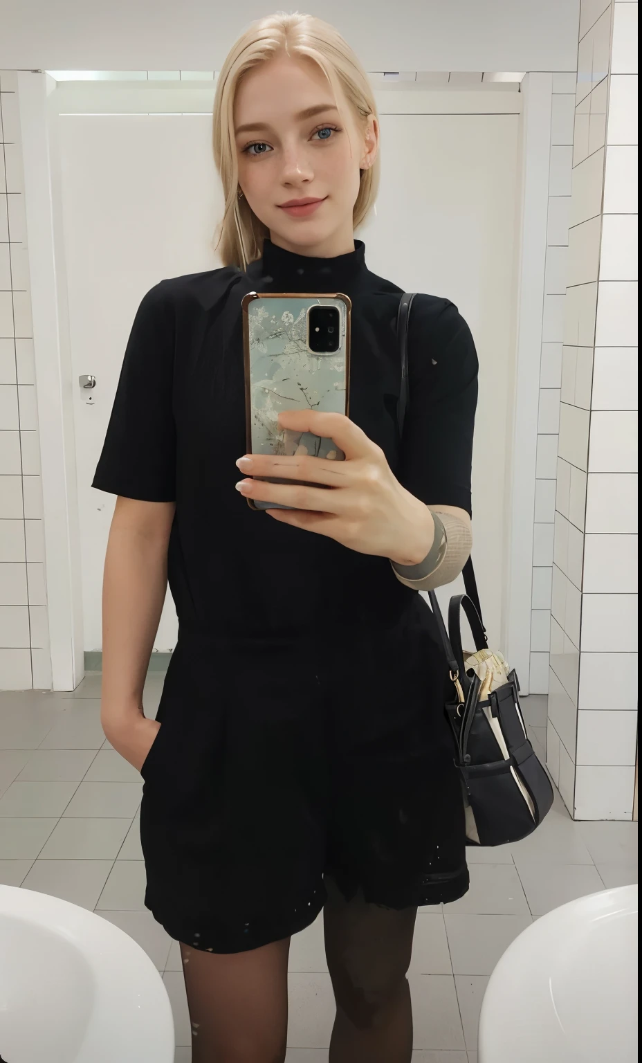 mulher, americana, 25 anos, pale skin and freckles, olhos cinzas, nariz delicado, soft and delicate lips, longo, cabelo blondie longo e ondulado na altura da cintura, sorriso meigo, face with delicate feminine facial features, altamente renderizado