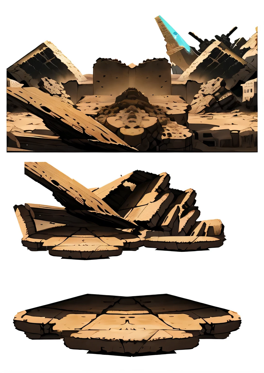 there are two photos of a deserted area with a plane in the background, anime scenery arte conceitual, Mountains destroyed, detailed science fiction backgrounds, arte conceituals, ruined alien structures, hard edges arte conceitual, arte conceitual!, arte conceitual, arte conceitual, arte conceitual, arte conceitual, environment arte conceitual, arte conceitual for a video game, 3 panel action scenes