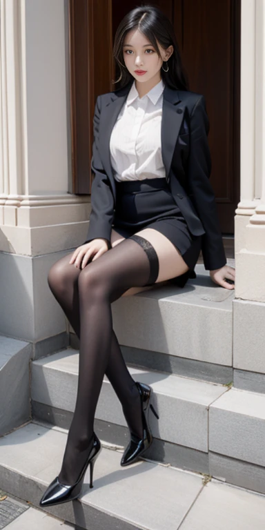 8 thousand, best quality, (beauty), high resolution, realistic, real person, full body portrait, delicate face, Cute face, 25 year old woman, slim body, big bust, long clean legs, office uniform, office uniform, black stockings, high heel, outdoor scene, sedentary