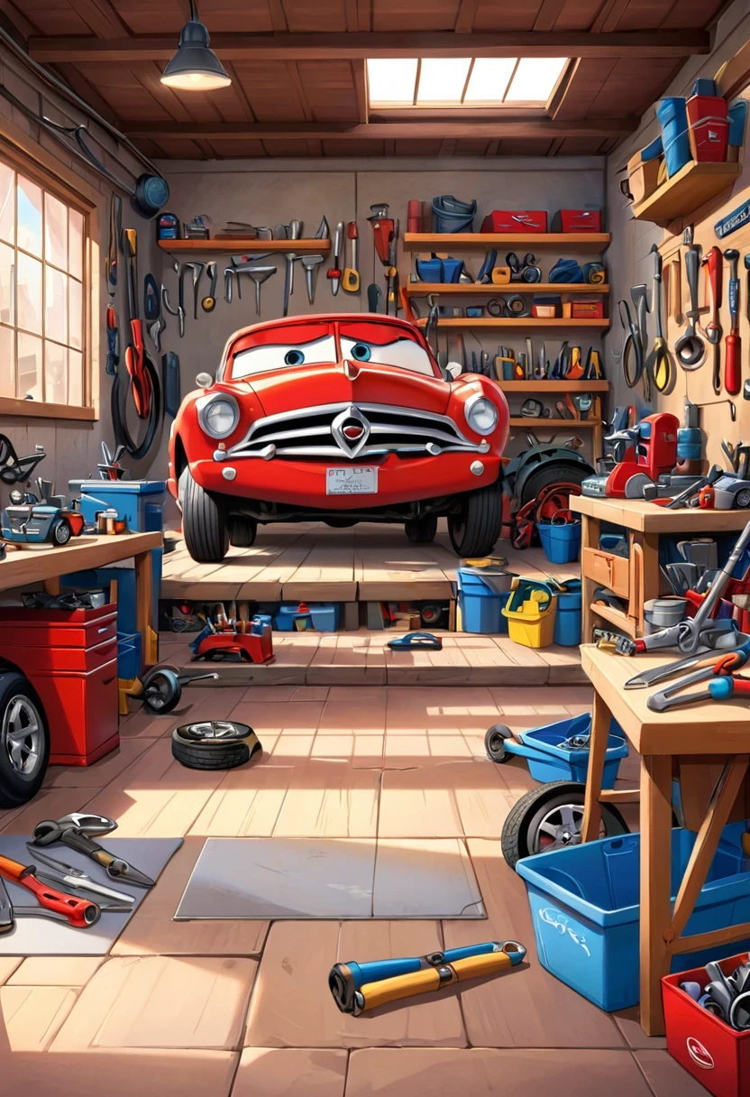 create an illustration of a workshop, sem pessoas ou carros, empty workshop in disney pixar style from the film disney cars illustration of a mechanic workshop that on the right wall features several tools in the foreground and on the floor features tools in the foreground some tools.  Como chave de Boca, Alicate, chave de roda.  Apresenta desfoque progressivo da esquerda para a direita.
