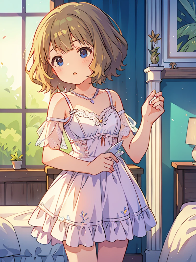 beautiful illustrations, highest quality, pretty girl, 1girl, Bedroom, pastel colour, (two-separated lingerie), wavy bob cut, cute lingerie, bright lighting