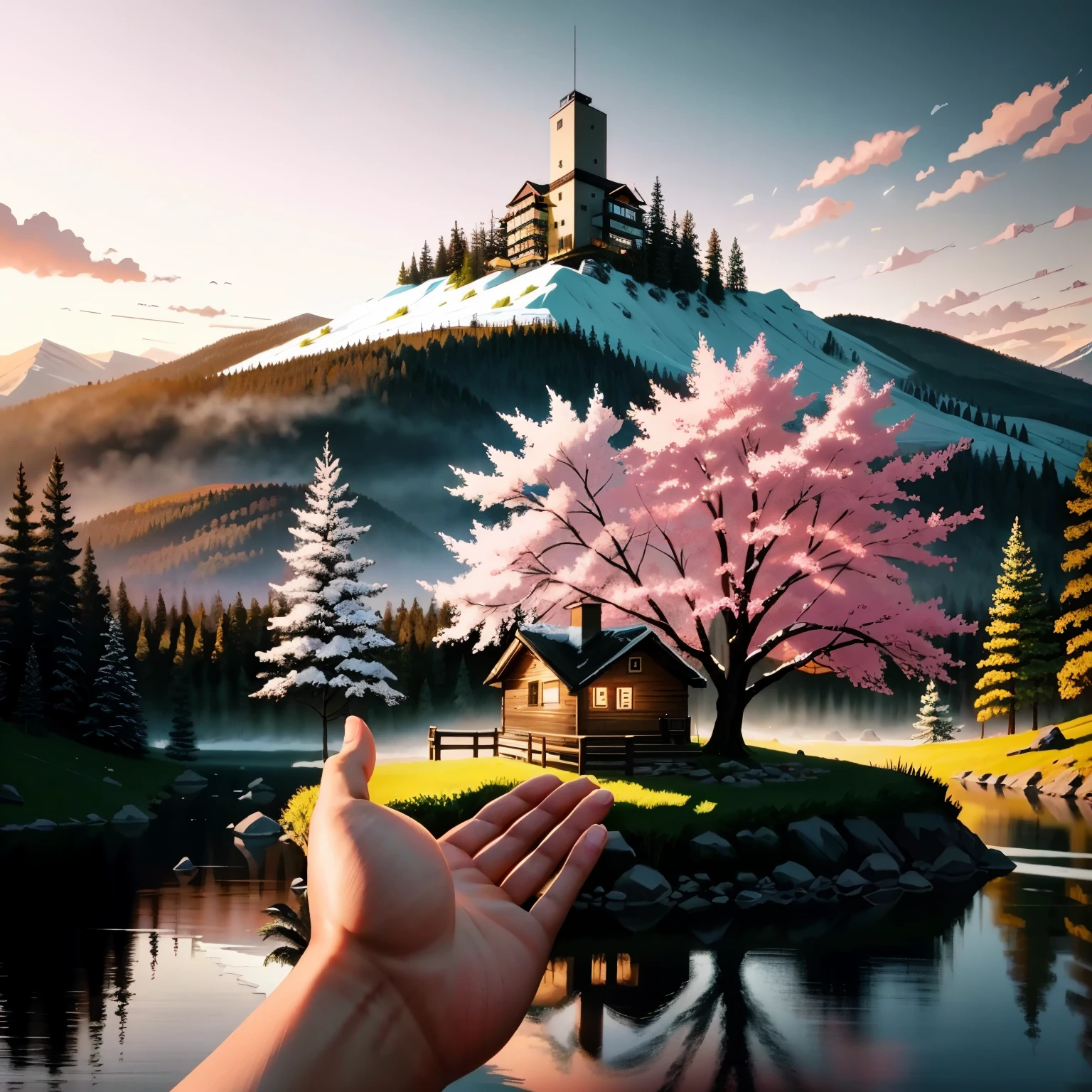 ChromaV5, nvinkpunk, analog style, a beautiful house on a beautiful mountain full of hyper-detailed spring pink trees, com cachoeiras lindas e realistas ao fundo, with beautiful and spectacular sunset, arte conceitual, Arte de Greg Rutkowski e Albert Bierstadt, trends at artstation, oil painting, octane rendering, cinematic