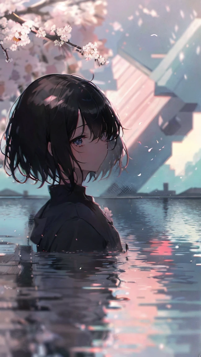 cherry blossomsの中の少女の商品イラスト,cherry blossoms,black hair,short bob,white skin,Pale complexion