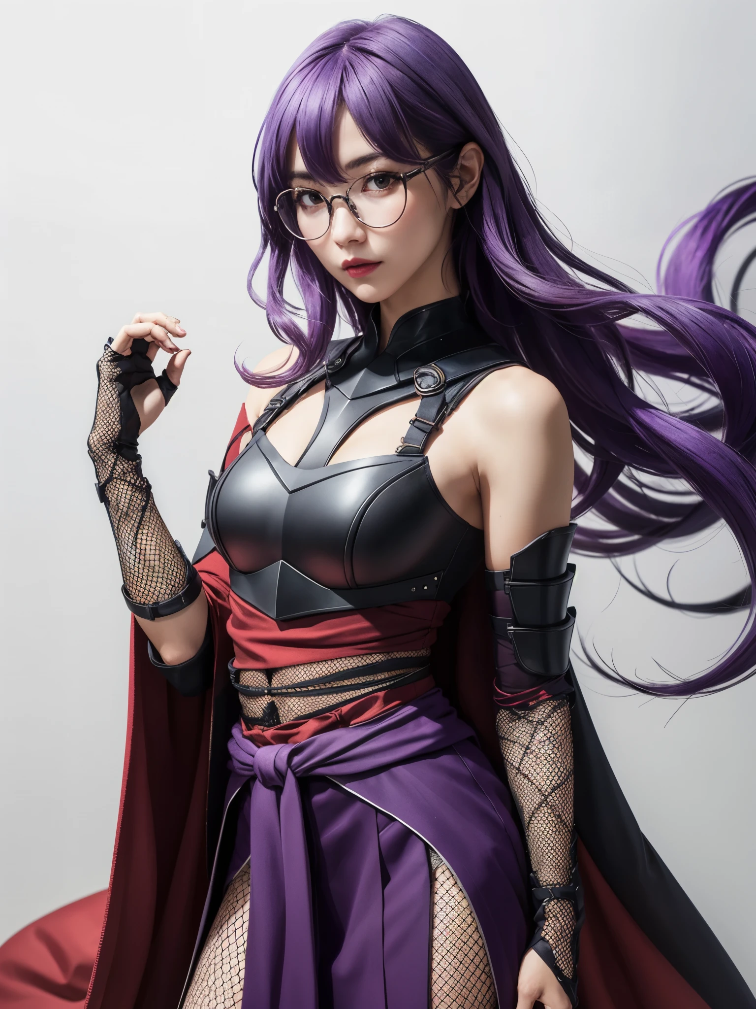 a girl with white ninja outfit, BREAK, 1girl, very long pastel purple hair, red frame glasses, long shawl, white sleeveless mini hakama, (red half chest armor breastplate), purple arm sleeve, thigh, fishnet torso, flat bangs, 