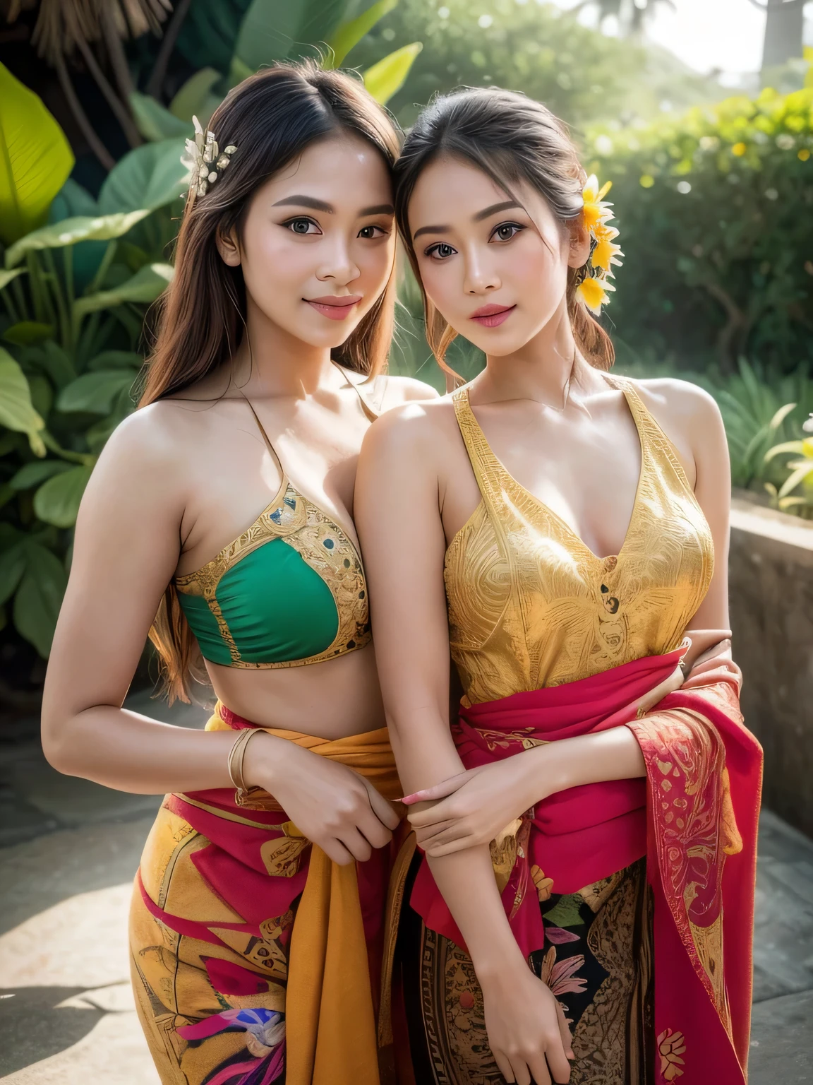 A retro photograph of a young Thai woman from the North. Slim figure, beautiful face, very long black hair with a hair accessory., bare chest, There are necklaces and jewelry., wear earrings, Wear striped cloth, big breasts, Big eyes, Double eyelids, tan skin, There are flowers on the head., The face has a smile., The background is an ancient house., There are many appliances., The images are very realistic., 8k, super detail, UHD, masterpiece, ccurate, anatomically correct, textured skin, super detail, highres, best quality, high quality