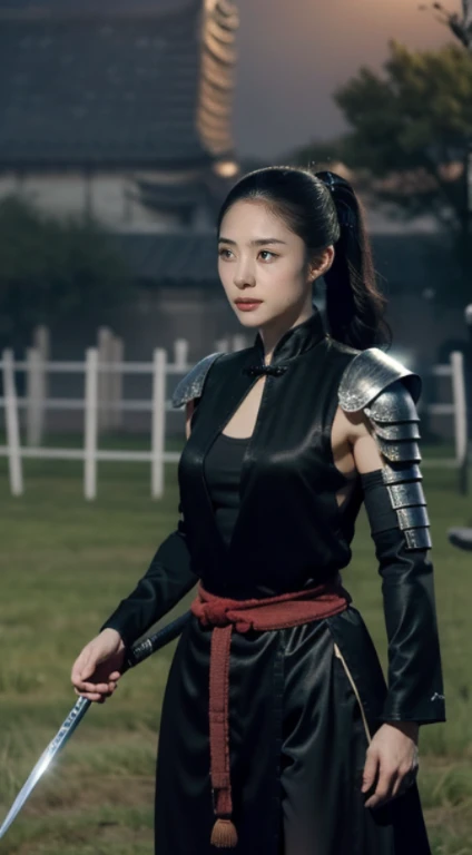 (positive focus), (in the dark: 1), (highest quality), (reality: 1), movie poster, realistic skin texture, very detailed, 8k wallpaper, volume lighting, dynamic lighting, girl, Long hair in a black ponytail, black robe, red belt, Small armor, shoulder armor, Waist Guard, hand guard, veil, Long Sword in front of Body, ancient Chinese style, Attacking posture with short sword on waist, bloodstains, broken clothes, ancient china battlefield, Ancient Chinese Soldiers, flying arrow, war, night, dramatic composition, Hardwood Surroundings, Rich image details, war,