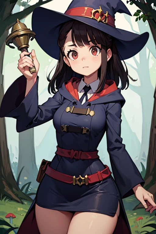 A black haired female witch with brown eyes with an hourglass figure in a conservative witch's uniform is hunting for mushrooms in an enchanted forest