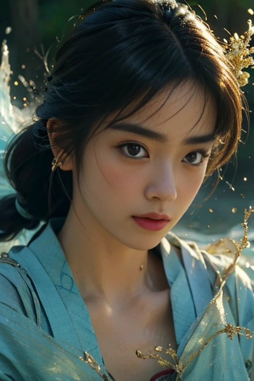 (Masterpiece:1.2), very detailed, Ultra high resolution, (realistic, photo realistic:1.37), Highly detailed RAW color photos, professional photos, Delicate and extremely beautiful, very detailed, exquisite details, Big file size, very detailed beautiful girl, very detailed face, very detailed eyes, very detailed skin, very detailed nose, very detailed mouth, perfect anatomy, highly detailed background, Shiny skin, (Famous Japanese actress:1.3), (make it better:1.3), Flat chest, (Kimono with little fabric, gold:1.3), (Flat chest), dynamic gesture, movie light, (Village health worker), lens flare, Village health worker, (Yusui, water, wave:1.4)