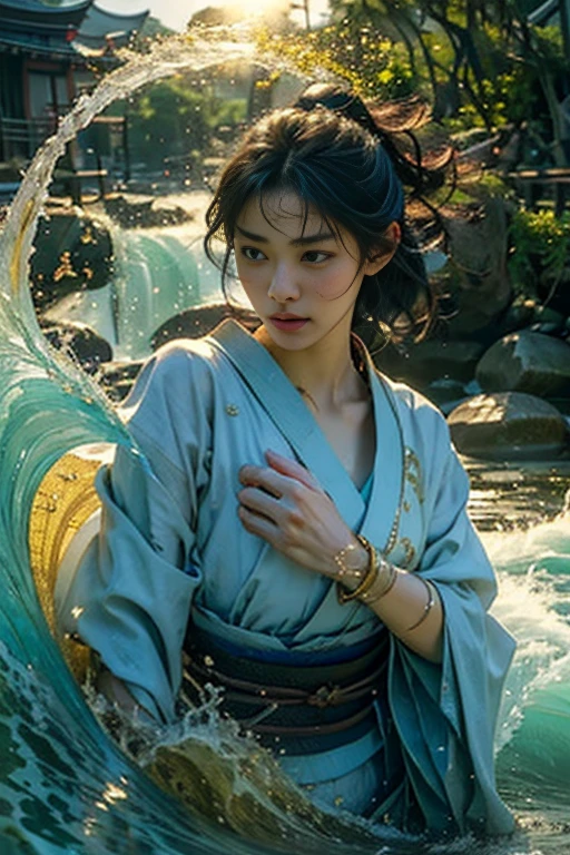 (Masterpiece:1.2), very detailed, Ultra high resolution, (realistic, photo realistic:1.37), Highly detailed RAW color photos, professional photos, Delicate and extremely beautiful, very detailed, exquisite details, Big file size, very detailed beautiful girl, very detailed face, very detailed eyes, very detailed skin, very detailed nose, very detailed mouth, perfect ???????, highly detailed background, Shiny skin, (Famous Japanese actress:1.3), (make it better:1.3), Flat chest, (Kimono with little fabric, gold:1.3), (Flat chest), dynamic gesture, movie light, (Village health worker), lens flare, Village health worker, (Yusui, water, wave:1.4)