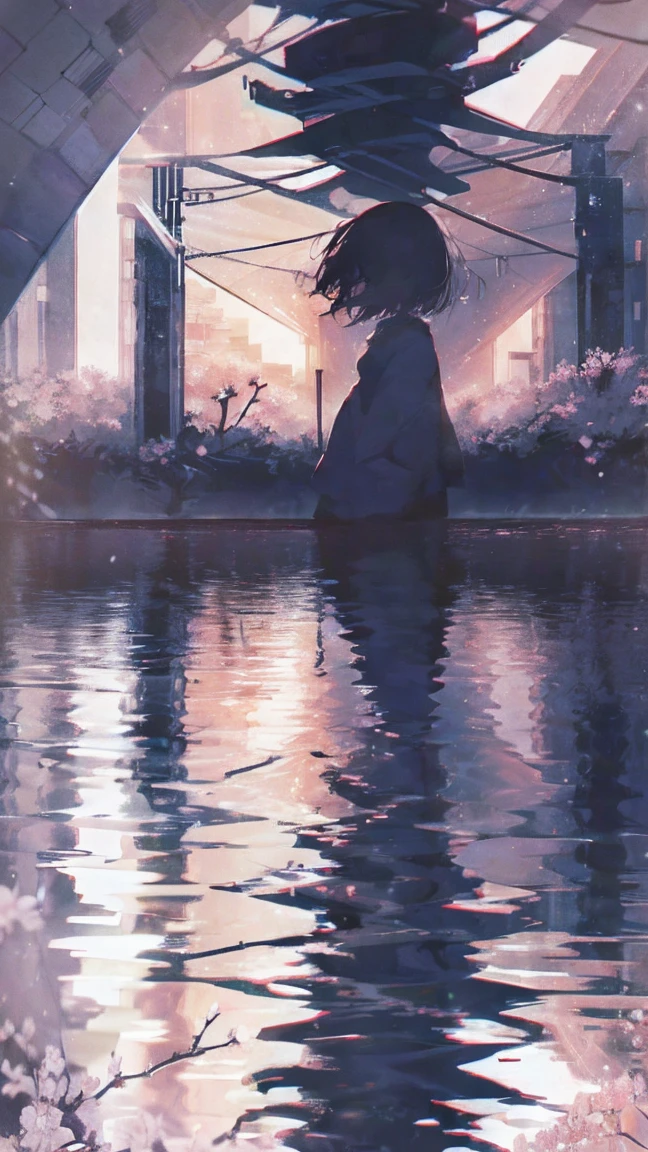 cherry blossomsの中の少女の商品イラスト,cherry blossoms,black hair,short bob,white skin,Pale complexion