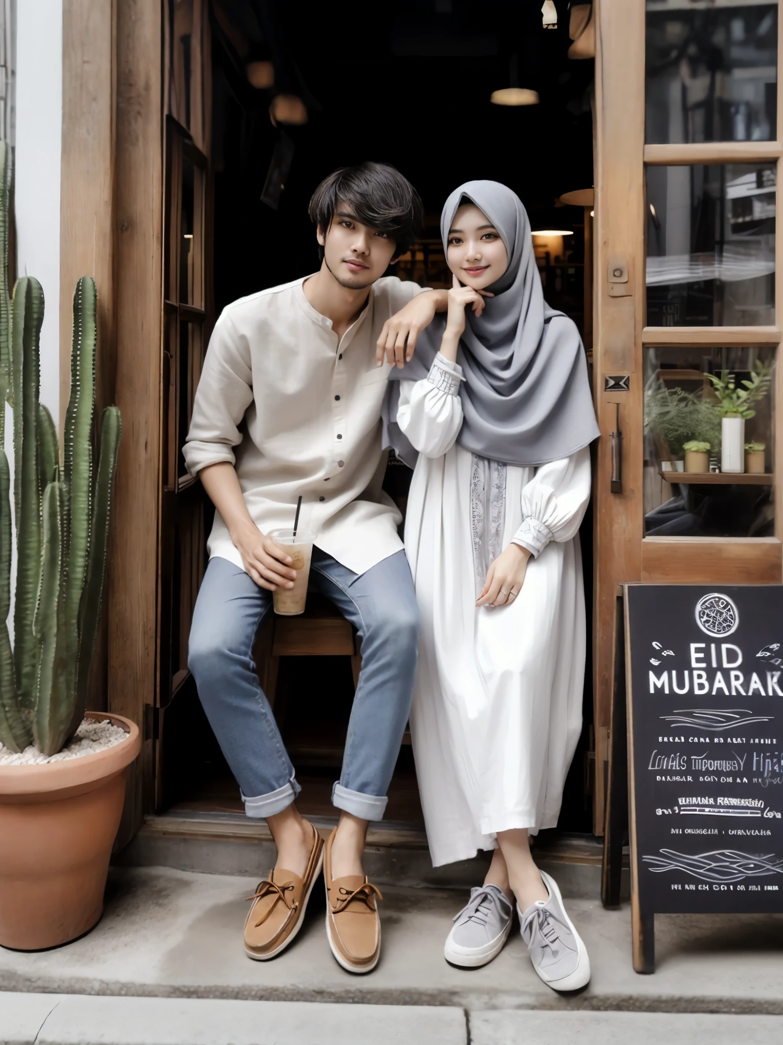 they are sitting on a bench outside of a restaurant with a cactus, lovely couple, white hijab, casual modern clothing, couple pose, couple, modern casual clothing, dressed thobe, happy couple, in city street, wearing white clothes, romantic couple, by Basuki Abdullah, casual clothing style, official store photo, in white clothes, fullbody or portrait