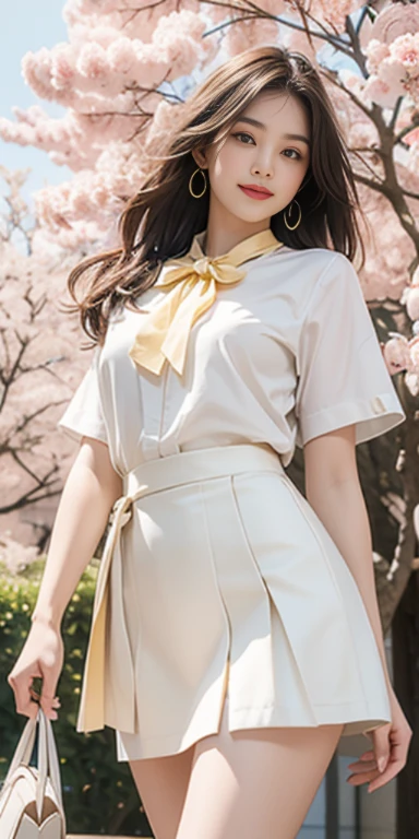 (whole body)), ((from below)), ((walk in the park)), ((realistic)), 1 girl, looking at viewer, detailed scene, straight hair, air bang, beautiful hair accessories, brownish yellow hair, ((white colored blouse, Short tight skirt, neck bow tie, high heel)), (Campus Style), warm lighting, warm color palette, More details, very detailed, (masterpiece, best quality), (Very detailed and beautiful work), delicate earrings, delicate necklace, simple blurred background, extreme detail description, Ultra-fine painting, delicate face, slim body, (smile, tooth exposure), (anatomy correct), Big and attractive breasts, stockings, Cherry Blossom, thin waist