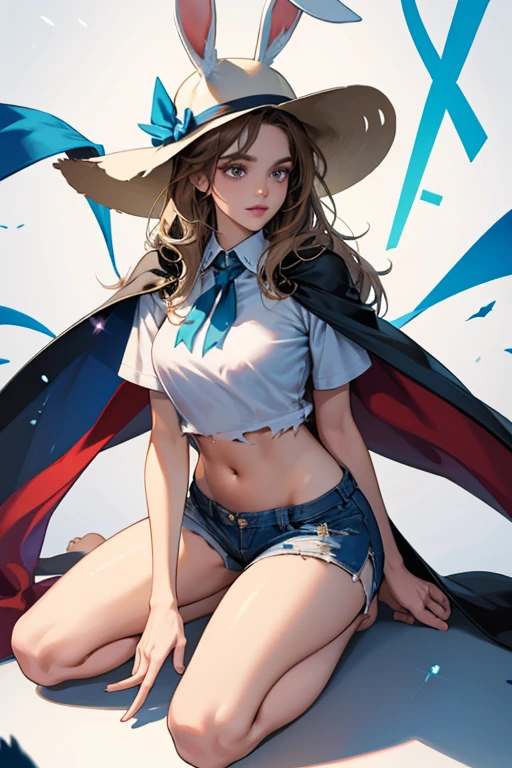 Jo is a regular female human with a hat that has long bunny ears and a cape over her neck dropping down to her legs. Her cape and hat are both the same shade of white. Underneath the cape, she wears blue shorts and a light blue t-shirt that is torn above her belly button. Her hair is brown, her skin has a low tanned tone, and she is only ever seen barefoot. SPARKLE; GLITTER
