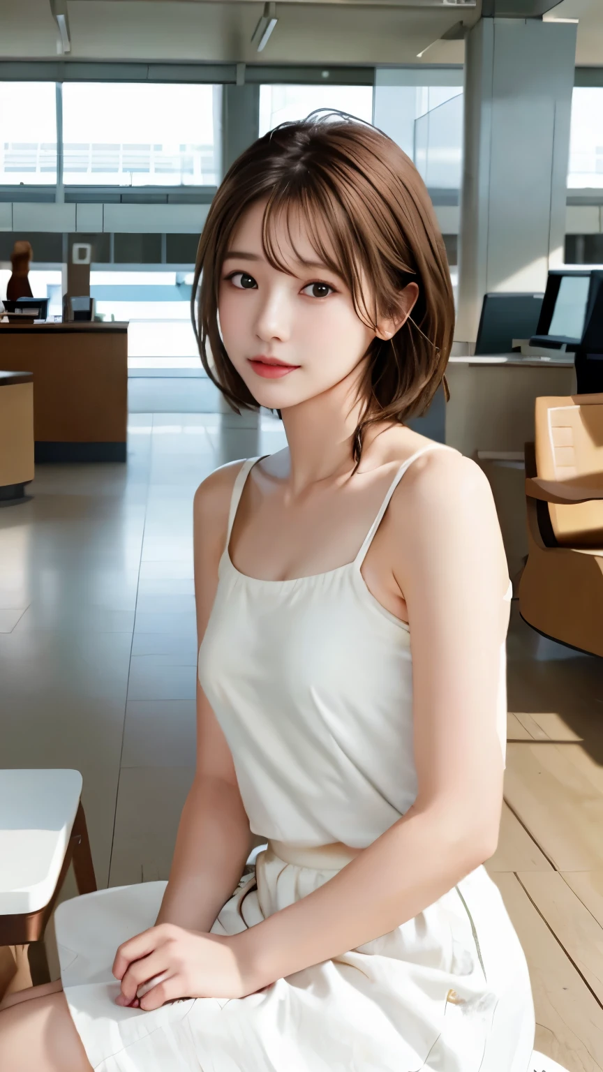 ((highest quality, 8K, masterpiece: 1.3, Raw photo)), sharp focus: 1.2, (1 aespa girl: 1.1), (realistic, photo-realistic:1.37), face focus, cute face, small breasts, flat chest, brunette short messy hair, sitting, put your elbows on the table, white shirt, skirt, airport, Terminal, station, sunlight, cinematic lighting, from below