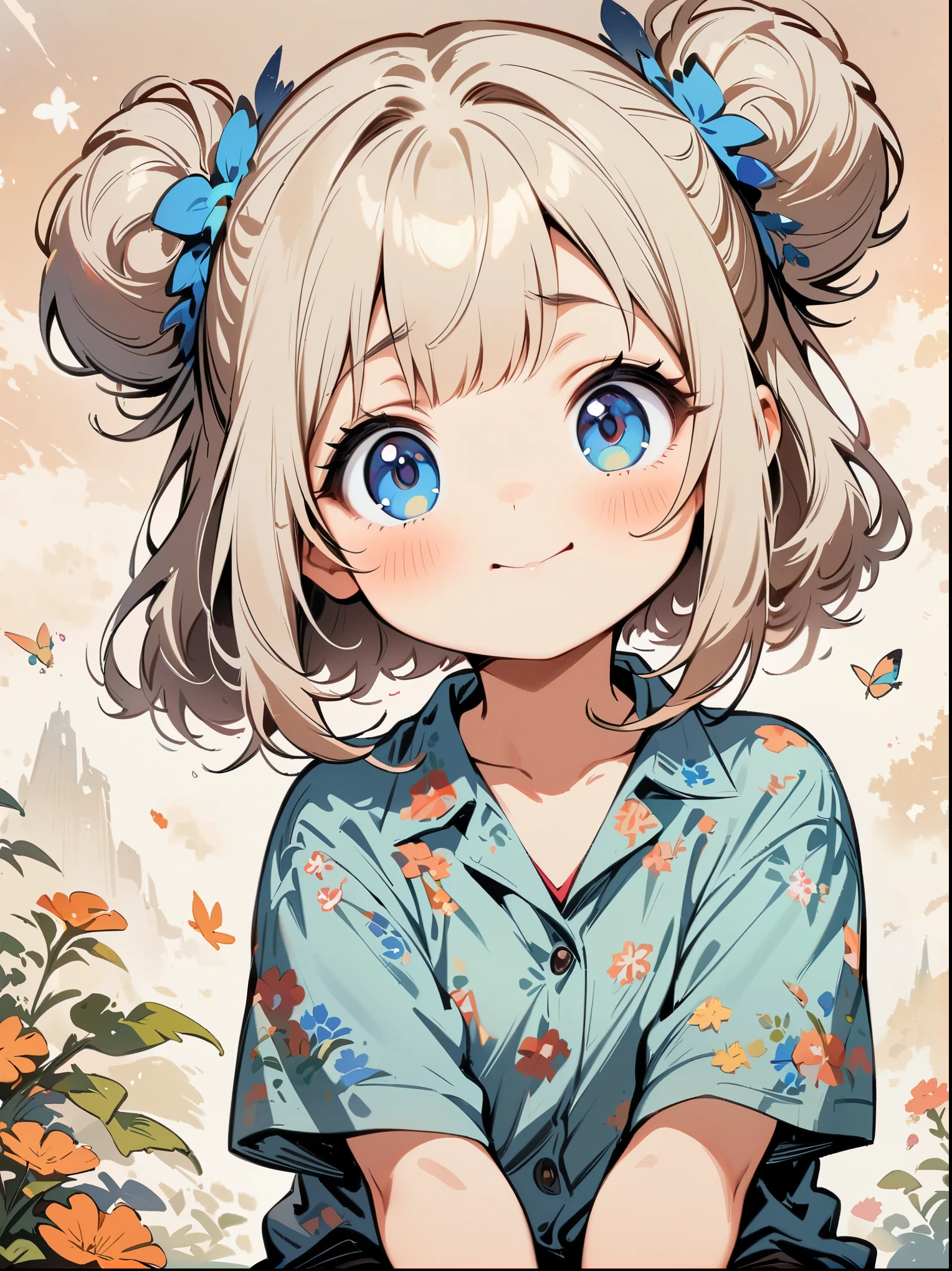 (masterpiece, best quality:1.2), cartoonish character design，1 girl, alone，big eyes，Cute expression，Two hair buns，Floral shirt，interesting，interesting，clean lines