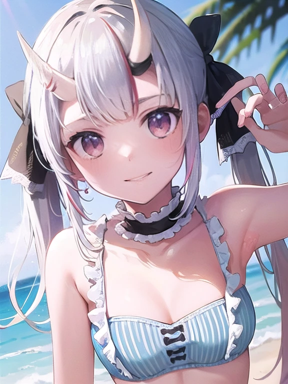 (masterpiece:1.3),((High resolution)),((high quality)),((Super detailed))、1 girl、perfect balance、perfect face、detailed face、cute face、beautiful詳細な目、Expressive eyes、cute eyes、shiny eyes、perfect body、beautiful体、(head shot)、embarrassing、blush、beach、beautiful女の子、cute face、beautiful顔、cute face、beautiful、best quality、good anatomy、ornaments , nakiri ayame, long hair, twin tails, Iris Bikini, blue bikini, ruffle bikini, bikini skirt, hair ribbon, black ribbon, ruffle chalk,smile、closed mouth、blush、sitting、From above