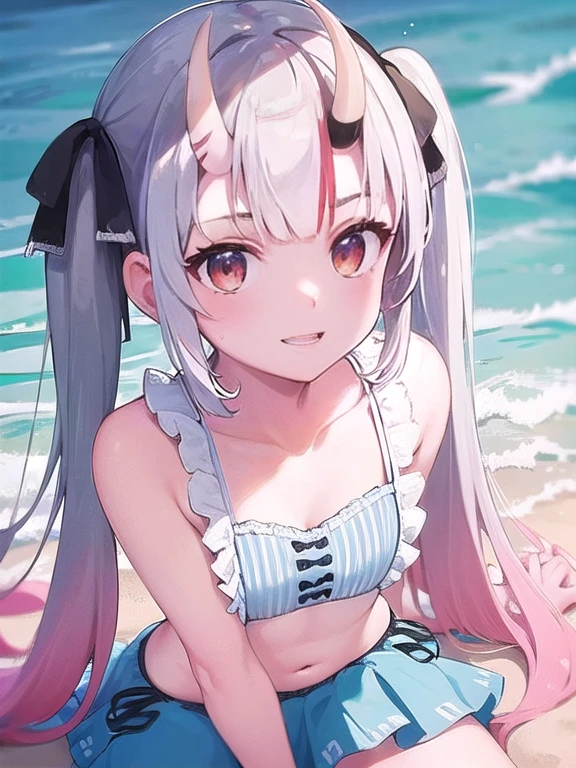 (masterpiece:1.3),((High resolution)),((high quality)),((Super detailed))、1 girl、perfect balance、perfect face、detailed face、cute face、beautiful詳細な目、Expressive eyes、cute eyes、shiny eyes、perfect body、beautiful体、(head shot)、embarrassing、blush、beach、beautiful女の子、cute face、beautiful顔、cute face、beautiful、best quality、good anatomy、ornaments , nakiri ayame, long hair, twin tails, Iris Bikini, blue bikini, ruffle bikini, bikini skirt, hair ribbon, black ribbon, ruffle chalk,smile、closed mouth、blush、sitting、From above