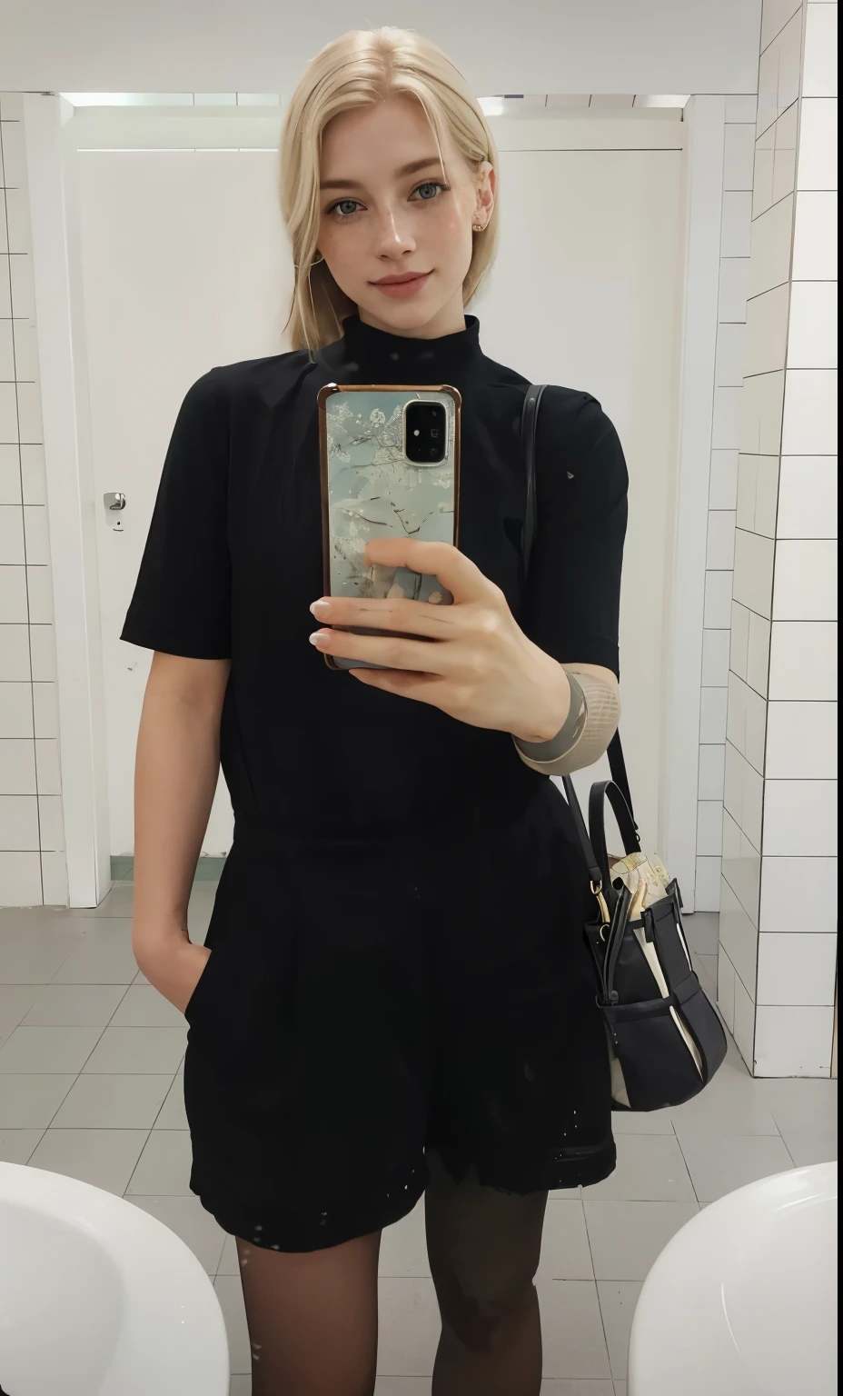 mulher, americana, 25 anos, pale skin and freckles, olhos cinzas, nariz delicado, soft and delicate lips, longo, cabelo blondie longo e ondulado na altura da cintura, sorriso meigo, face with delicate feminine facial features, altamente renderizado
