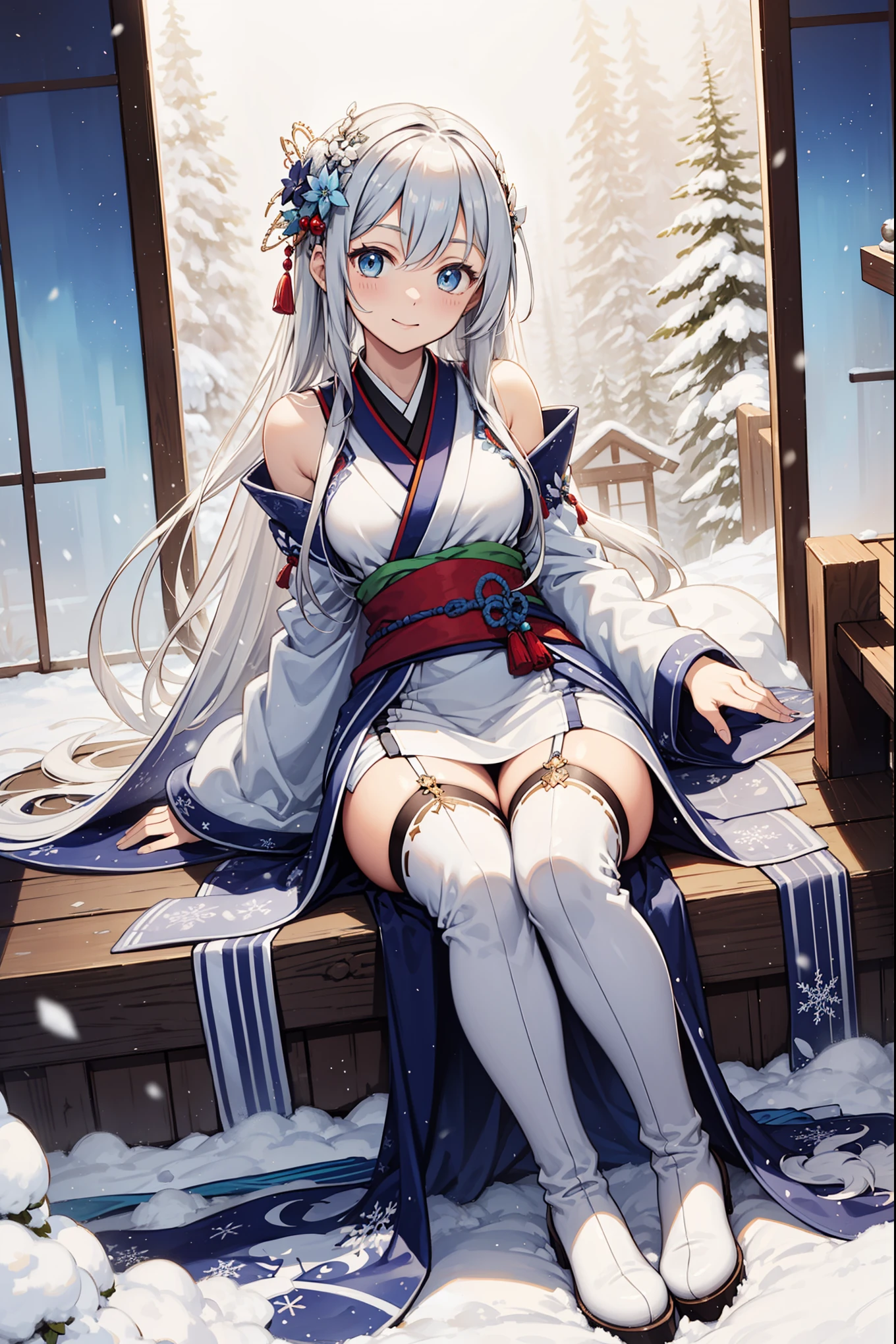 saints，Attractions，having fun，in love，(Western magic white dress)，silver hair，blue eyes，Suitable for transparent clothes，Decoration of saints，Sky blue cloth，Snowflake pattern，Sky blue pattern，snowy night，Transparent lace，exquisite clothing，sitting position，the only person，Japanese garden，(night:1.1)，snow，(Long suspender boots:1.1)，Exquisite and beautiful face，sitting position