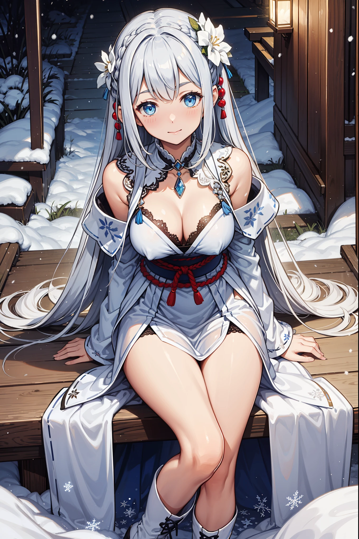 saints,Attractions,having fun,in love,(Western magic white dress),silver hair,blue eyes,Suitable for transparent clothes,Decoration of saints,Sky blue cloth,Snowflake pattern,Sky blue pattern,snowy night,Transparent lace,exquisite clothing,sitting position,the only person,Japanese garden,(night:1.1),snow,(Long suspender boots:1.1),Exquisite and beautiful face,sitting position