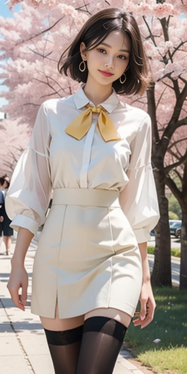 ((whole body)), ((from below)), ((walking in the park)), ((realistic)), 1 girl, looking at viewer, detailed scene, Curly hair, air bang, beautiful hair accessories, Short yellow hair with a brown tint, ((white colored blouse, short black tight skirt, neck bow tie, high heel)), (Campus Style), warm lighting, warm color palette, More details, very detailed, (masterpiece, best quality), (Very detailed and beautiful work), delicate earrings, delicate necklace, simple blurred background, extreme detail description, Ultra-fine painting, delicate face, slim body, (smile, tooth exposure), (anatomy correct), tight dress, cherry blossom road with river, Walking figure, stockings