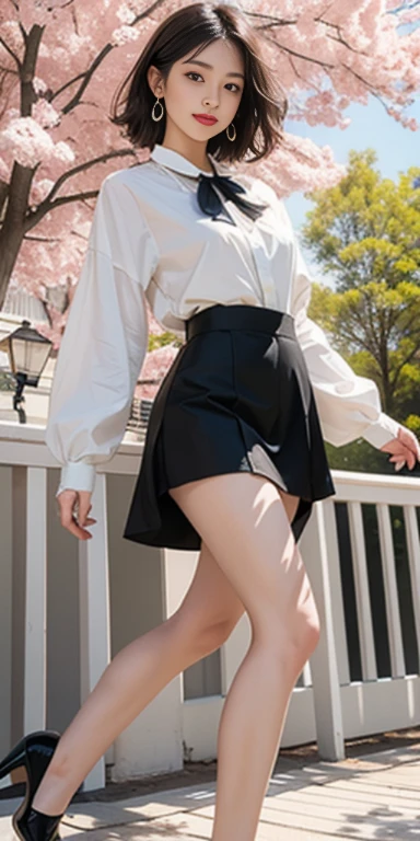 ((whole body)), ((from below)), ((walking in the park)), ((realistic)), 1 girl, looking at viewer, detailed scene, Curly hair, air bang, beautiful hair accessories, Short yellow hair with a brown tint, ((white colored blouse, short black tight skirt, neck bow tie, high heel)), (Campus Style), warm lighting, warm color palette, More details, very detailed, (masterpiece, best quality), (Very detailed and beautiful work), delicate earrings, delicate necklace, simple blurred background, extreme detail description, Ultra-fine painting, delicate face, slim body, (smile, tooth exposure), (anatomy correct), tight dress, cherry blossom road with river, Walking figure, stockings
