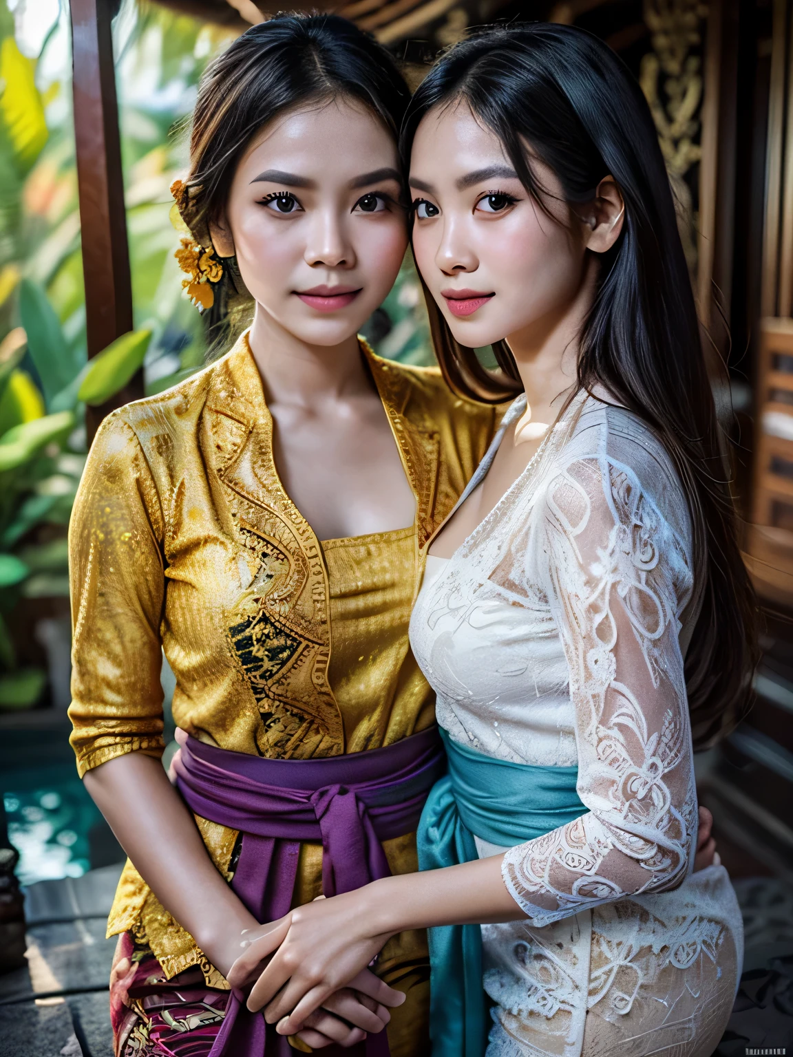 (best quality,4k,8k,highres,masterpiece:1.2), ultra-detailed, (realistic,photorealistic,photo-realistic:1.37), HDR, UHD, studio lighting, extreme detail description, professional, vivid colors, bokeh, portraits, landscape, photography, concept artists, Balinese woman, mature, beautiful detailed eyes, beautiful detailed lips, long eyelashes, exotic beauty, passionate encounter, younger man, sensuality, allure, enchanting surroundings, Bali, tropical paradise, lush greenery, crystal clear waters, vibrant flowers, traditional Balinese architecture, warm sunlight, gentle sea breeze, romantic atmosphere, traditional Balinese costumes, intricate patterns and designs, tender embraces, intense gazes, genuine connection, the sound of waves crashing, colorful sarongs flowing, cultural fusion, harmonious blend of love and nature.