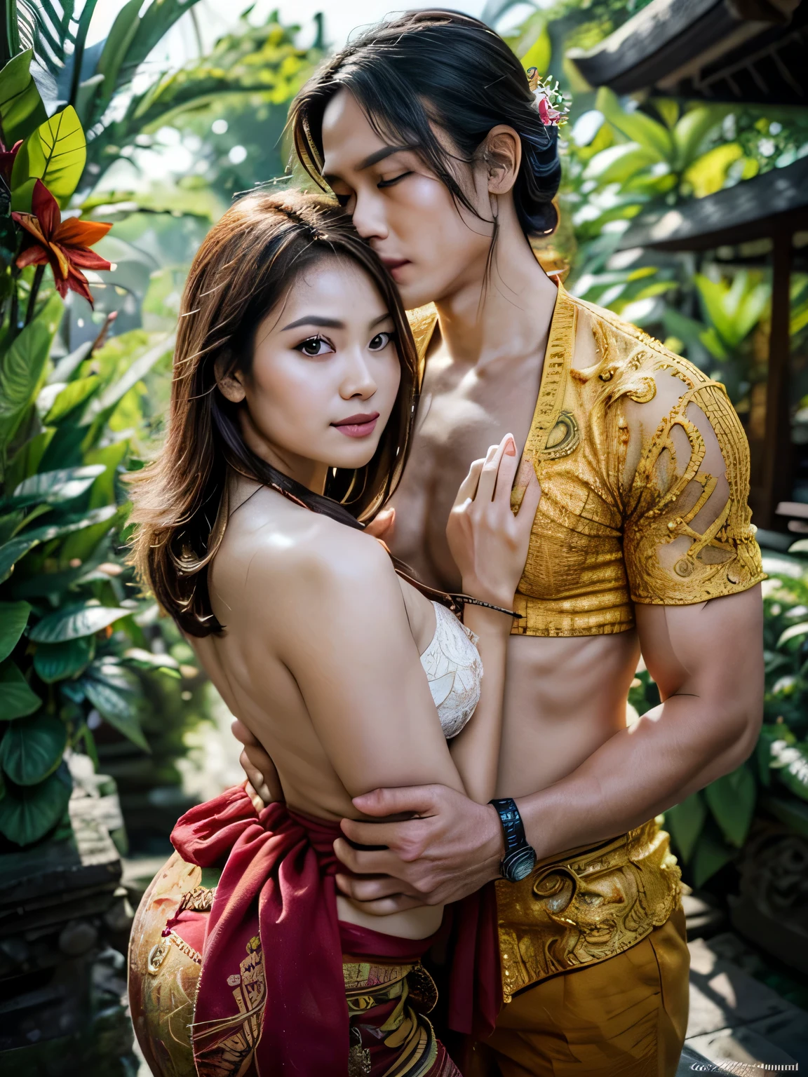 (best quality,4k,8k,highres,masterpiece:1.2), ultra-detailed, (realistic,photorealistic,photo-realistic:1.37), HDR, UHD, studio lighting, extreme detail description, professional, vivid colors, bokeh, portraits, landscape, photography, concept artists, Balinese woman, mature, beautiful detailed eyes, beautiful detailed lips, long eyelashes, exotic beauty, passionate encounter, younger man, sensuality, allure, enchanting surroundings, Bali, tropical paradise, lush greenery, crystal clear waters, vibrant flowers, traditional Balinese architecture, warm sunlight, gentle sea breeze, romantic atmosphere, traditional Balinese costumes, intricate patterns and designs, tender embraces, intense gazes, genuine connection, the sound of waves crashing, colorful sarongs flowing, cultural fusion, harmonious blend of love and nature.