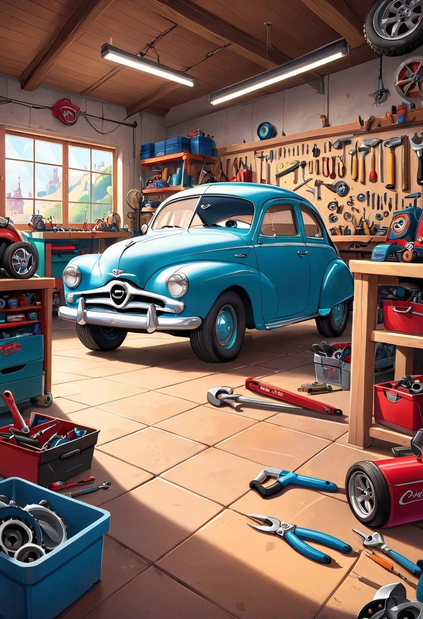 create an illustration of a workshop, sem pessoas ou carros, empty workshop in the disney pixar style from the film disney cars illustration of a mechanic workshop that on the wall on the left side has several tools in the foreground and on the floor there are some tools in the foreground. Como chave de Boca, Alicate, chave de roda. Apresenta desfoque progressivo da esquerda para a direita.