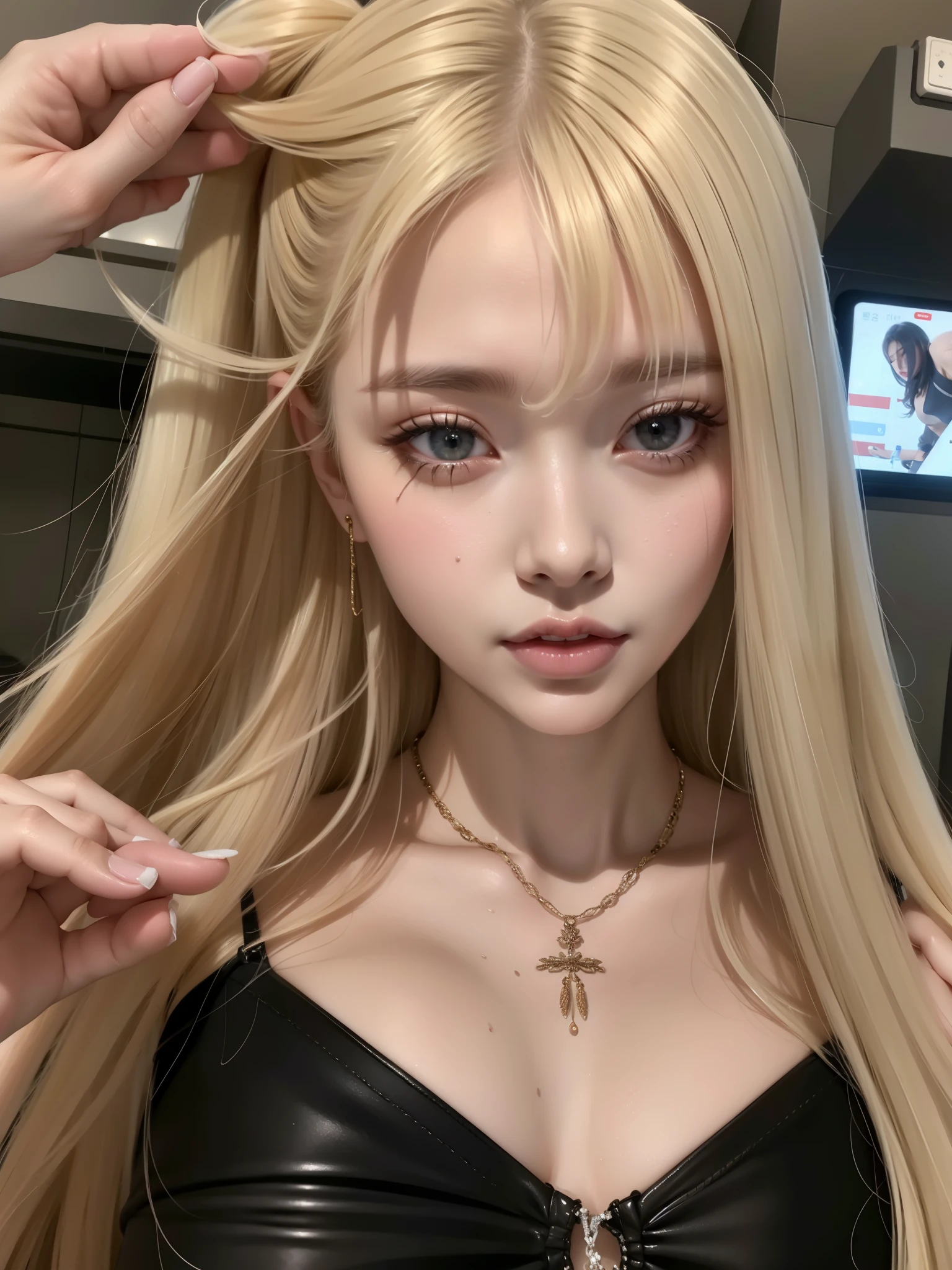 Blonde woman with long hair holding a white cell phone., retrato de kim petras, maquillaje popular de corea del sur, Retrato de Jossi de Blackpink, Parque Roseanne de Blackpink, ulzzang, maquillaje coreano popular, cruel korean gothic girl, ava max, con el pelo largo y blanco, inspirado en Yanjun Cheng, bella delfina, kim taejin