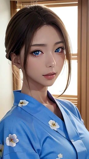 ((table top, top quality, Super fine, High resolution)), alone, beautiful girl, shining eyes, perfect eyes, ************, blue theme, yukata, firework,