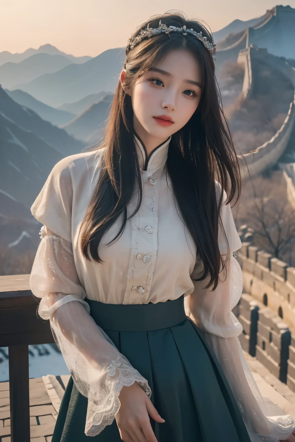 1 girl, on the Great Wall of China,Telegraph slang, Exquisite eyes,beautiful and delicate lips,very detailed 눈과 얼굴,long eyelashes, enchanted scenery,(best quality,4K,8 thousand,high resolution,masterpiece:1.2),very detailed,(realistic,realistic,realistic:1.37), sexy dress, skirt