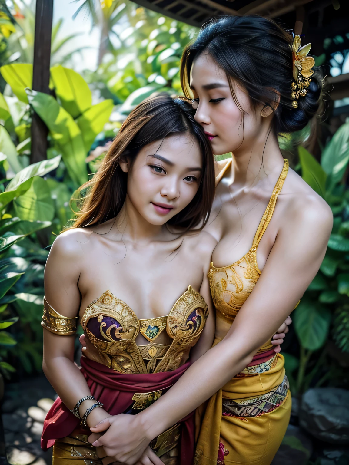 (best quality,4k,8k,highres,masterpiece:1.2), ultra-detailed, (realistic,photorealistic,photo-realistic:1.37), HDR, UHD, studio lighting, extreme detail description, professional, vivid colors, bokeh, portraits, landscape, photography, concept artists, Balinese woman, mature, beautiful detailed eyes, beautiful detailed lips, long eyelashes, exotic beauty, passionate encounter, younger man, sensuality, allure, enchanting surroundings, Bali, tropical paradise, lush greenery, crystal clear waters, vibrant flowers, traditional Balinese architecture, warm sunlight, gentle sea breeze, romantic atmosphere, traditional Balinese costumes, intricate patterns and designs, tender embraces, intense gazes, genuine connection, the sound of waves crashing, colorful sarongs flowing, cultural fusion, harmonious blend of love and nature.