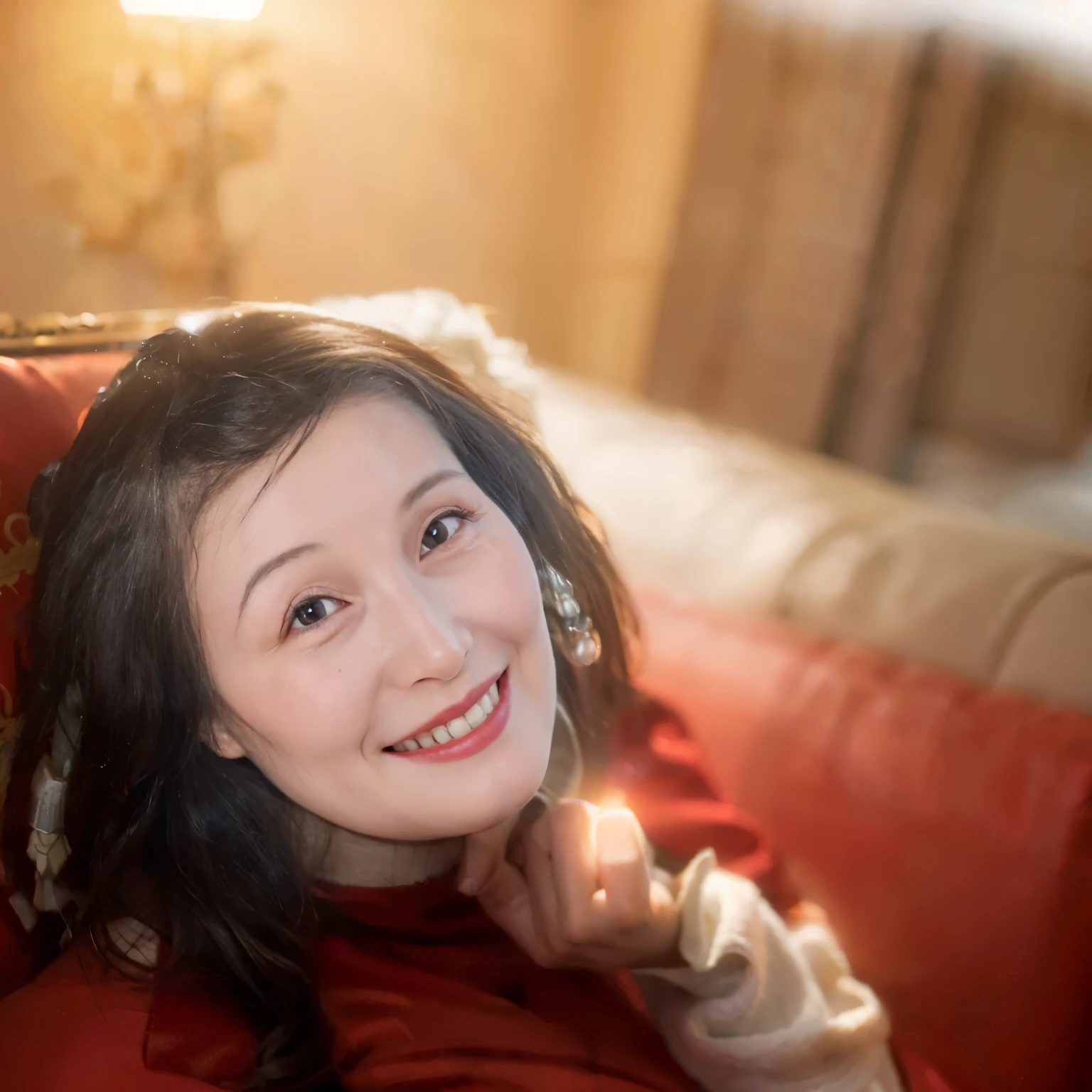 (Best Quality, 4k, 8k, High Resolution, Masterpiece: 1.2), Super Detailed, (Photorealistic, Photorealistic, Photorealistic: 1.37), Chinese woman, wearing red dress, smiling at the camera, indoor, sofa, furniture , Chinese-style, warm lighting, light through the window, warm color palette