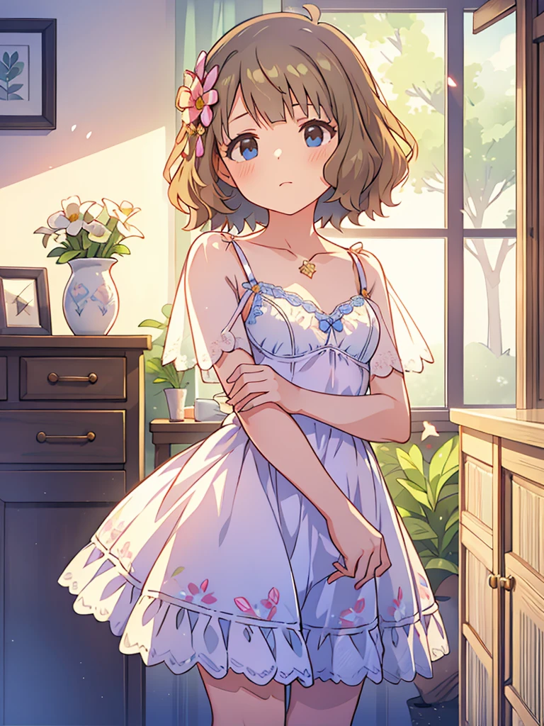 beautiful illustrations, highest quality, pretty girl, 1girl, Bedroom, pastel colour, (two-separated lingerie), wavy bob cut, floral ornament, cute lingerie, bright lighting
