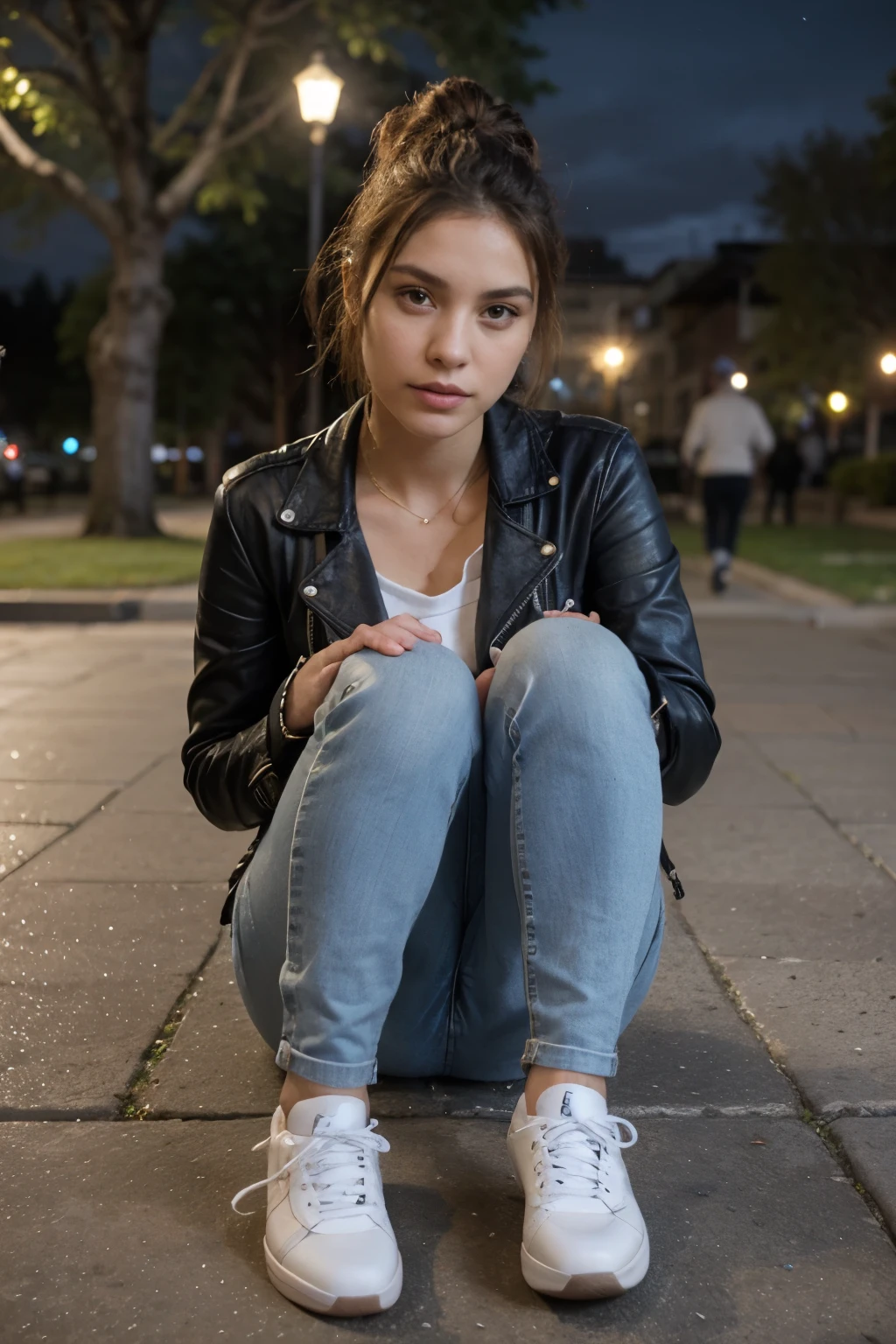 ((Mejor calidad)), ((obra maestra)), (detallado), cara perfecta, sexy woman, dressed in tight denim jeans, wearing a leather jacket, hair up and white sneakers. Stopping in a park in the city of Cusco, it is night. real, realistic, great detail.