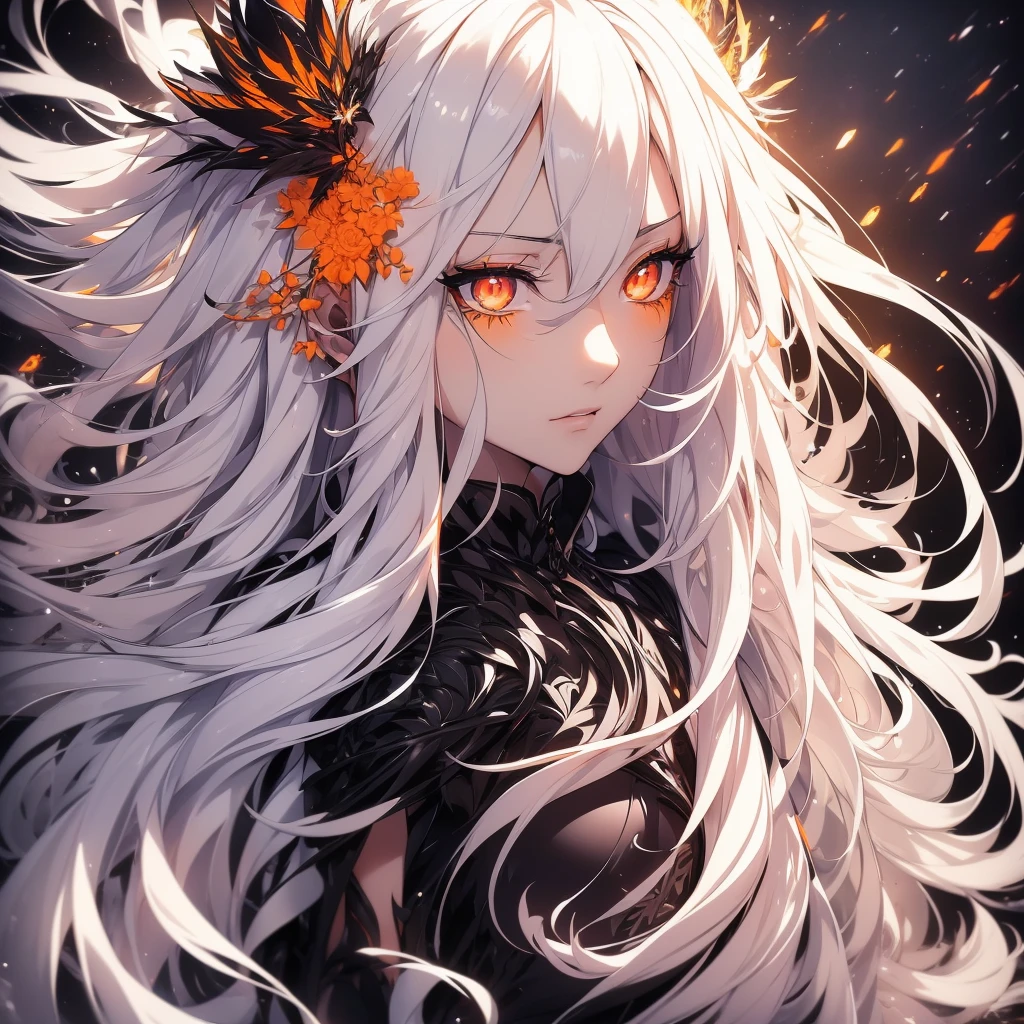 (high quality，Art work，teenager，long white hair，fair skin，Attractive black outfit，Sparkling orange eyes，Subtle Black Eyelashes，With a mysterious aura，monochrome)