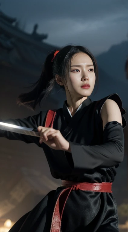 (positive focus), (in the dark: 1), (highest quality), (reality: 1), movie poster, realistic skin texture, very detailed, 8k wallpaper, volume lighting, dynamic lighting, girl, Long hair in a black ponytail, black robe, red belt, Small armor, shoulder armor, Waist Guard, hand guard, veil, Long Sword in front of Body, ancient Chinese style, Attacking posture with short sword on waist, bloodstains, broken clothes, ancient china battlefield, Ancient Chinese Soldiers, flying arrow, war, night, dramatic composition, Hardwood Surroundings, Rich image details, war,