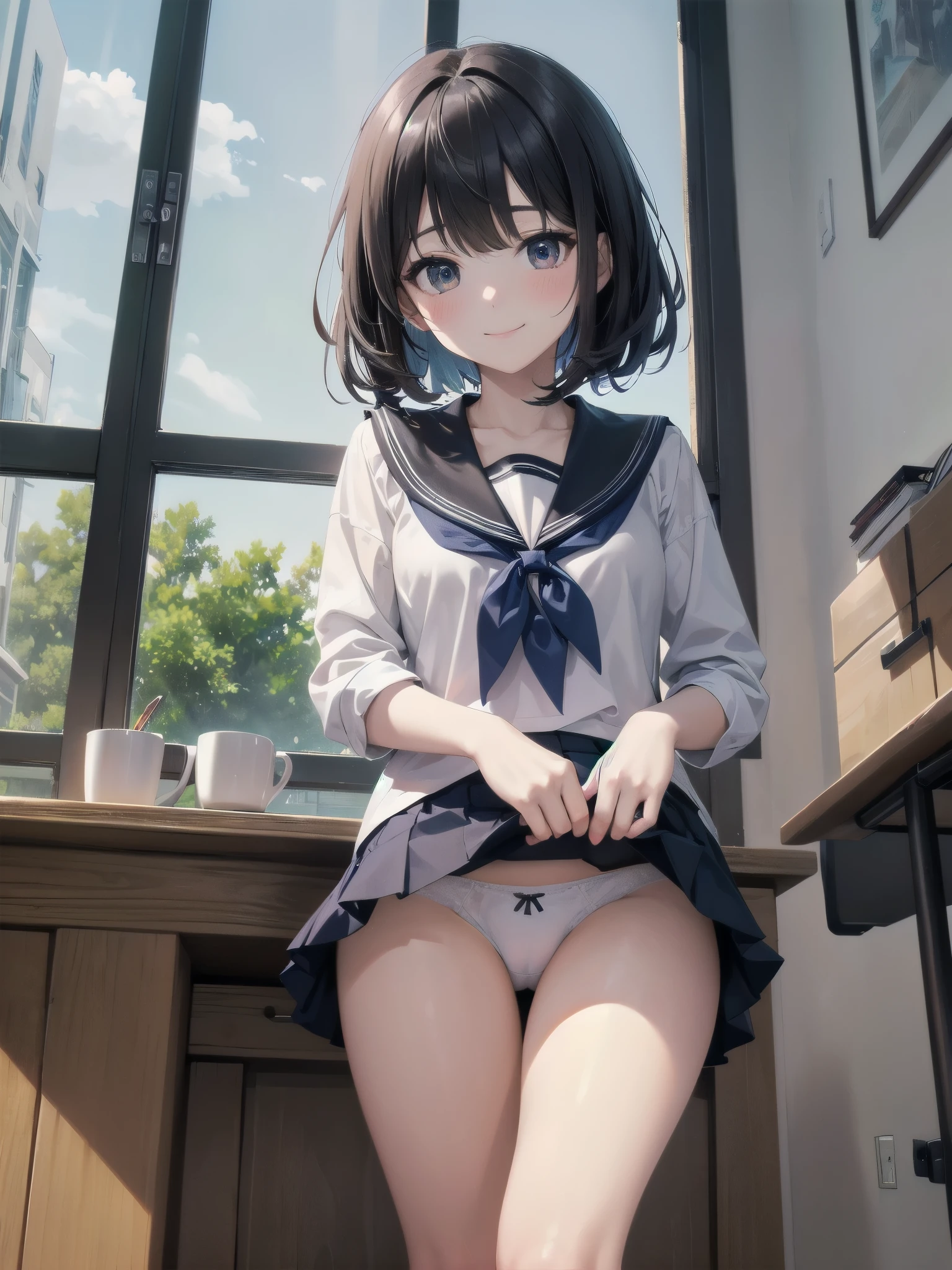 very cute and beautiful girl,(very detailed美しい顔), (smile),blush,black hair,pixie cut,serafuku,navy blue pleated mini skirt,Are standing,from below,white panties, wooden classroom,window,distant tree々and the city, (highest quality,masterpiece:1.2),disorganized,High resolution,Super detailed,very detailed,32k,8K resolution, intricate details,movie scene,detailed background,alone,dynamic angle,