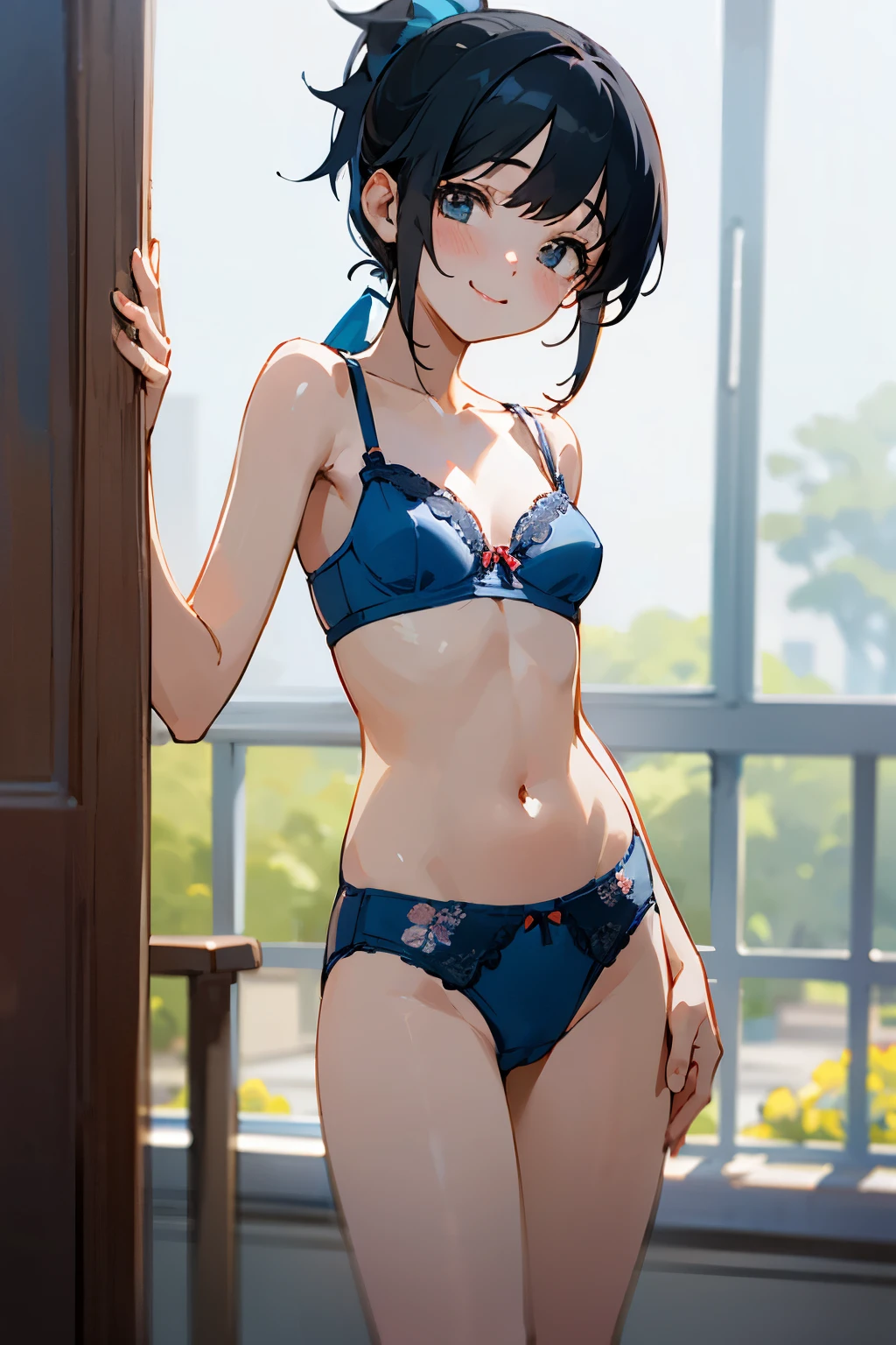 NSFW、with the best image quality、age girl standing in the room。in high resolution、beautiful details、quiet atmosphere。black hair ponytail、cute smile.。small breasts、Cute floral blue bra、Wearing cute floral blue panties。