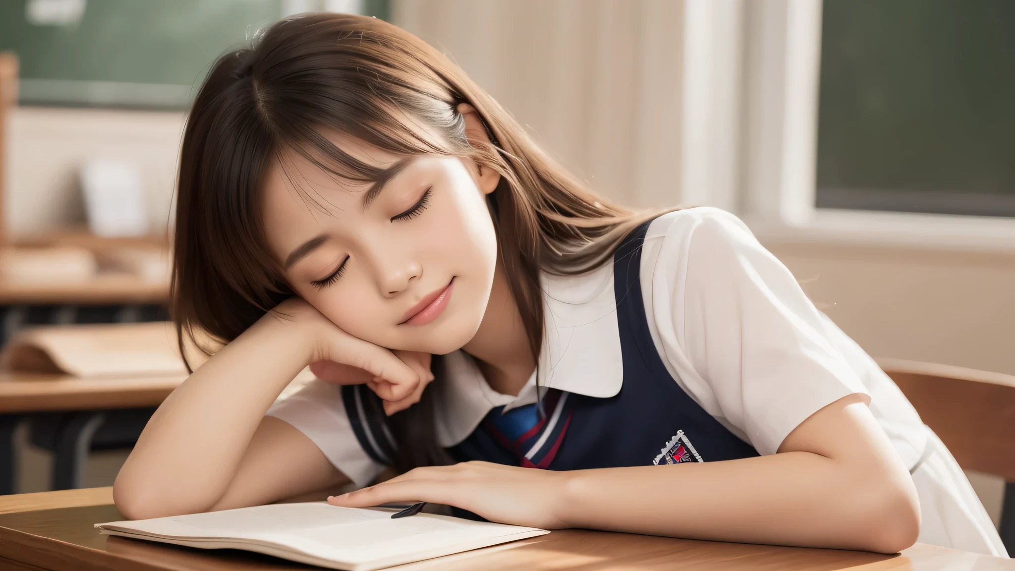 (1girls), beautiful face, Amazing face and eyes, delicate, (Best Quality:1.4), (Ultra-detailed), (extremely detailed beautiful face), (princess hair cut style), cute smile, brown eyes, (highly detailed Beautiful face), (short sleeves school uniform:1.3), (extremely detailed CG unified 8k wallpaper), Highly detailed, High-definition raw color photos, Professional Photography, Realistic portrait, evening, Extremely high resolution, modern, trendy, fashionable, (falling asleep at the desk:1.2), (close your eyes), No expression
