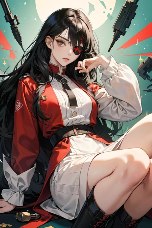 In her original, humanoid form, Kim has light-red skin, one green eye, and long black hair with a red outline. She also has a jar filled with a skull in solution and attached to a hypodermic needle, attached to her left arm. She wears a black eyepatch over her right eye, a long-sleeved white dress with a high collar, and knee-high red boots. SPARKLE; GLITTER