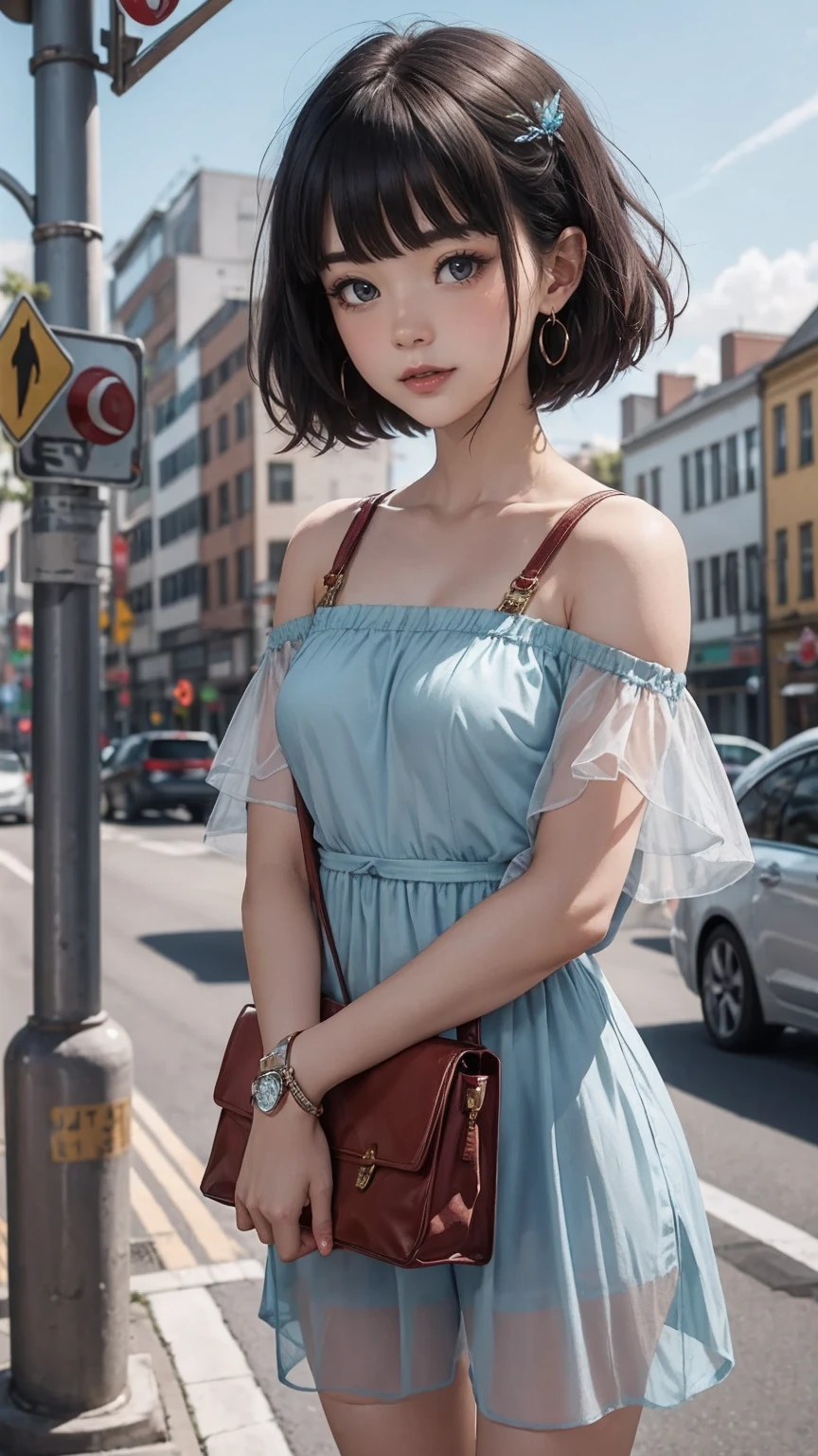 (最high quality, 8K, masterpiece: 1.3, Ultra HD, high quality, 最high quality, High resolution, realism)) 、25 year old white woman、brunette、blue eyes、long hair、smile、slender、slenderだがアスリートのような細マッチョ、I don't want my head to disappear from the screen.、Wear accessories on your wrist、Wearing red nail polish、I have a peticure、Wear a sheer one-shoulder dress、wear sandals、Carry a tote bag over your shoulder、Pastel blue background、Waiting for a traffic light at an intersection、crystal earrings((crystal earrings))、Deco bangs((bangs pinned back))、bob hair((bob cut))