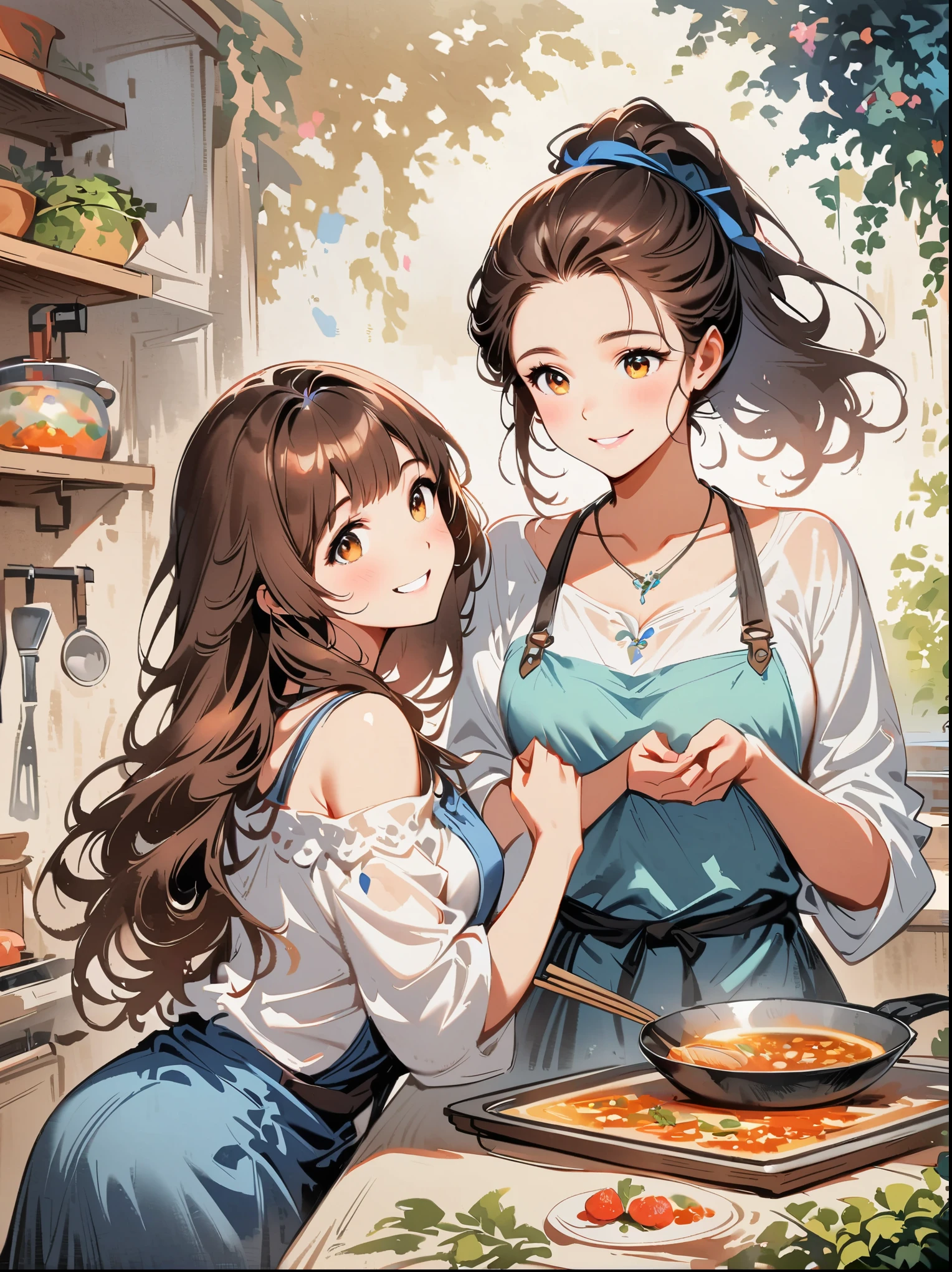 An imaginative and heartwarming depiction of a dream girlfriend, envisioned as a loving partner and lifelong companion, cooking in the kitchen. She radiates a sweet and comforting smile that brightens the room, creating a sense of joy and tranquility. Her smile is so enchanting that it can make all worries fade away. She embodies wisdom, beauty, and a diligent character. Her attire is casual yet feminine, suitable for cooking, with her hair tied back neatly. The kitchen setting is homely and well-equipped, filled with the aroma of delicious food. The overall style is a blend of realism and a touch of whimsy, capturing the essence of a sweet, hardworking girl in a domestic, loving environment, (floral watercolor painting:1.5)，(Super high saturation, bright and vivid colors:1.5), (looking at the audience head on:1.5)