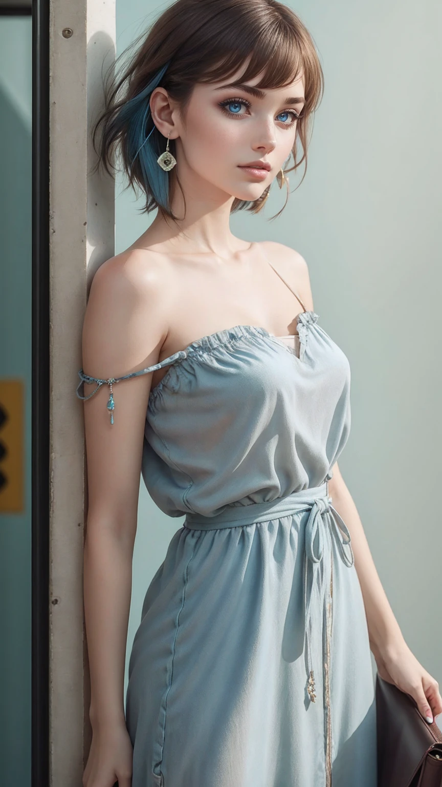 (最high quality, 8K, masterpiece: 1.3, Ultra HD, high quality, 最high quality, High resolution, realism)) 、25 year old white woman、brunette、blue eyes、long hair、smile、slender、slenderだがアスリートのような細マッチョ、I don't want my head to disappear from the screen.、Wear accessories on your wrist、Wearing red nail polish、I have a peticure、Wear a sheer one-shoulder dress、wear sandals、Carry a tote bag over your shoulder、Pastel blue background、Waiting for a traffic light at an intersection、crystal earrings((crystal earrings))、Deco bangs((bangs pinned back))、bob hair((bob cut))