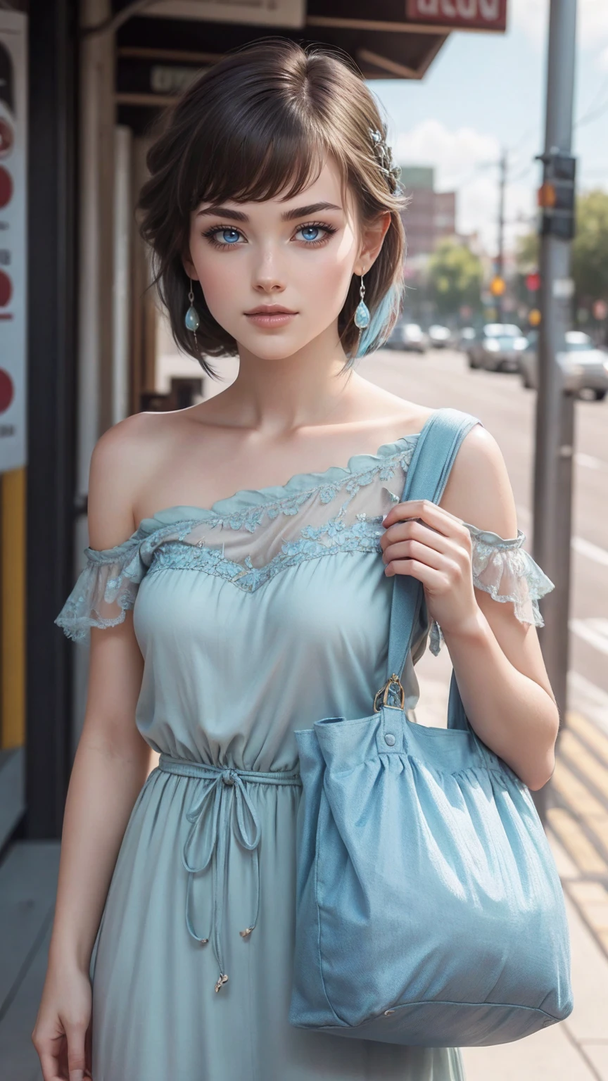 (最high quality, 8K, masterpiece: 1.3, Ultra HD, high quality, 最high quality, High resolution, realism)) 、25 year old white woman、brunette、blue eyes、long hair、smile、slender、slenderだがアスリートのような細マッチョ、I don&#39;t want my head to disappear from the screen.、Wear accessories on your wrist、Wearing red nail polish、I have a peticure、Wear a sheer one-shoulder dress、wear sandals、Carry a tote bag over your shoulder、Pastel blue background、Waiting for a traffic light at an intersection、crystal earrings((crystal earrings))、Deco bangs((bangs pinned back))、bob hair((bob cut))