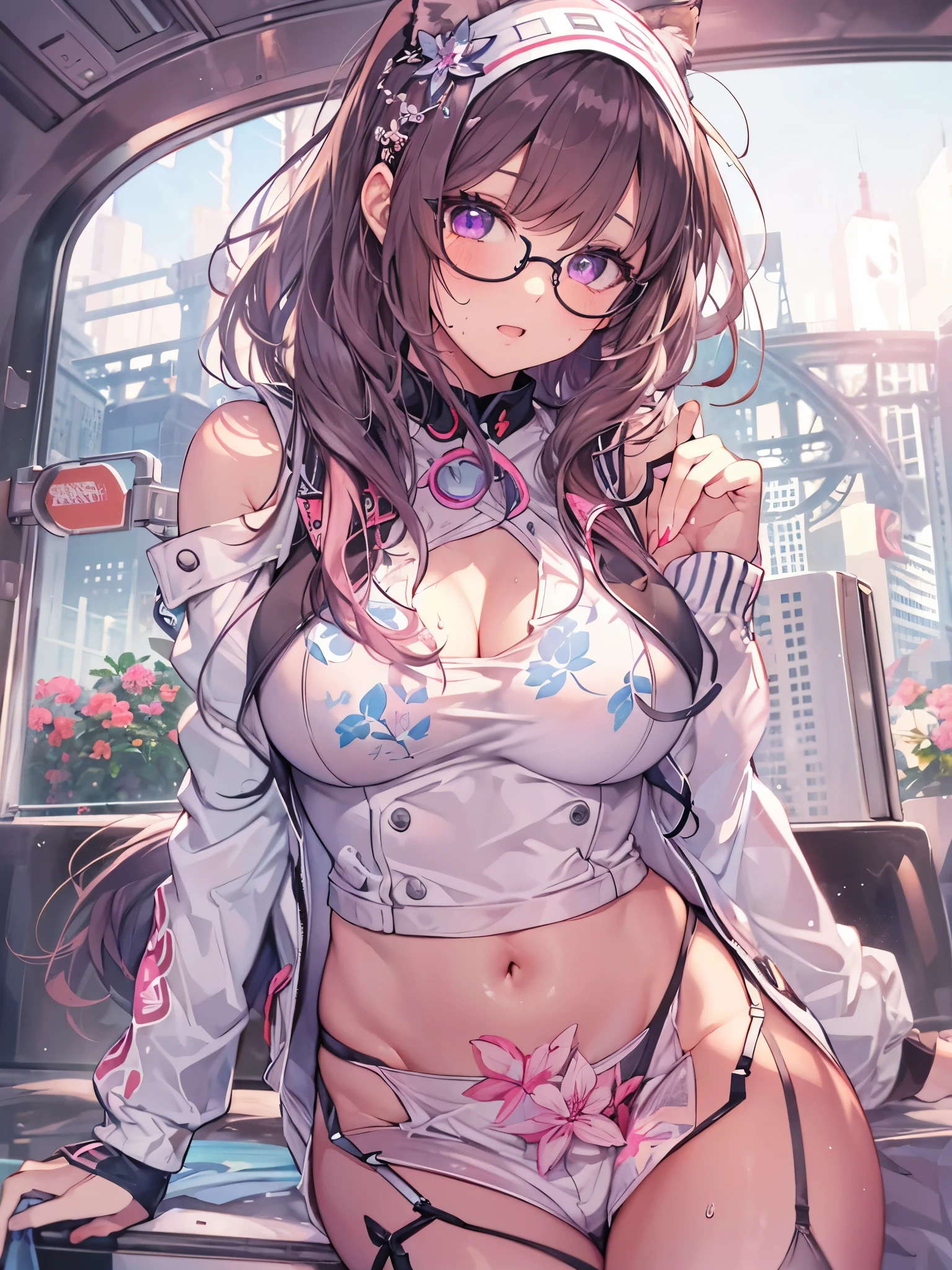 ((masterpiece)), 最high quality, absurd, Super detailedな, holographic, cowboy shot, golden ratio, super cute girl, mature woman, idol girl, Super beautiful Asian girl with very beautiful purple glowing eyes, Beautiful shining brown colorful hair, high ponytail, nice and sexy body, Because I'm slender, perfect body, Super tight off shoulder long sleeve crop top with anime print, Wearing super tight anime print micro shorts, Super beautiful transparent mini jacket, beautiful hair ornament, white stockings, , light, colorful, high contrast, (masterpiece), wallpaper,、from below, spread your legs, sailor suit, bare chest, plump woman, Sweat, huge tit, Glasses, T-back, hair band, garter belt, UHD, masterpiece, anatomically correct, rough skin, Super detailed, high quality,cute pink room
