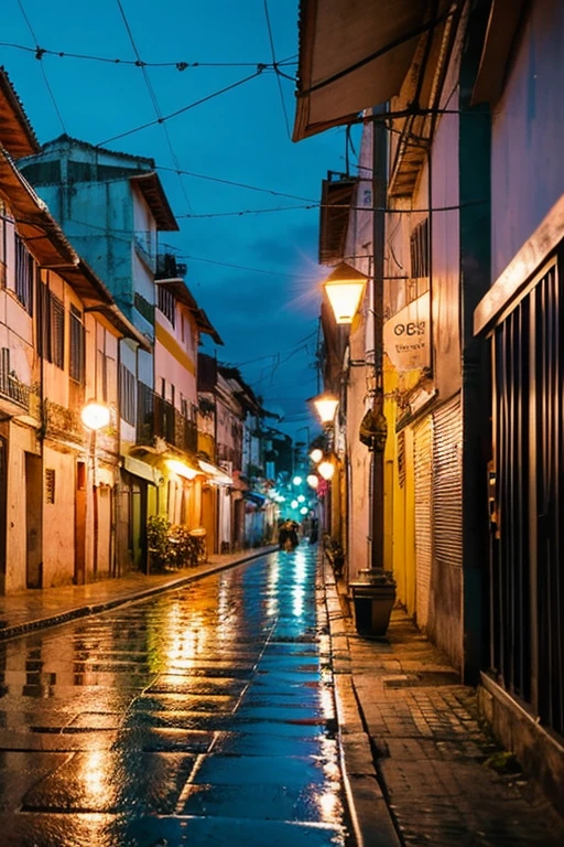 crie uma fotografia de uma cidade chuvosa