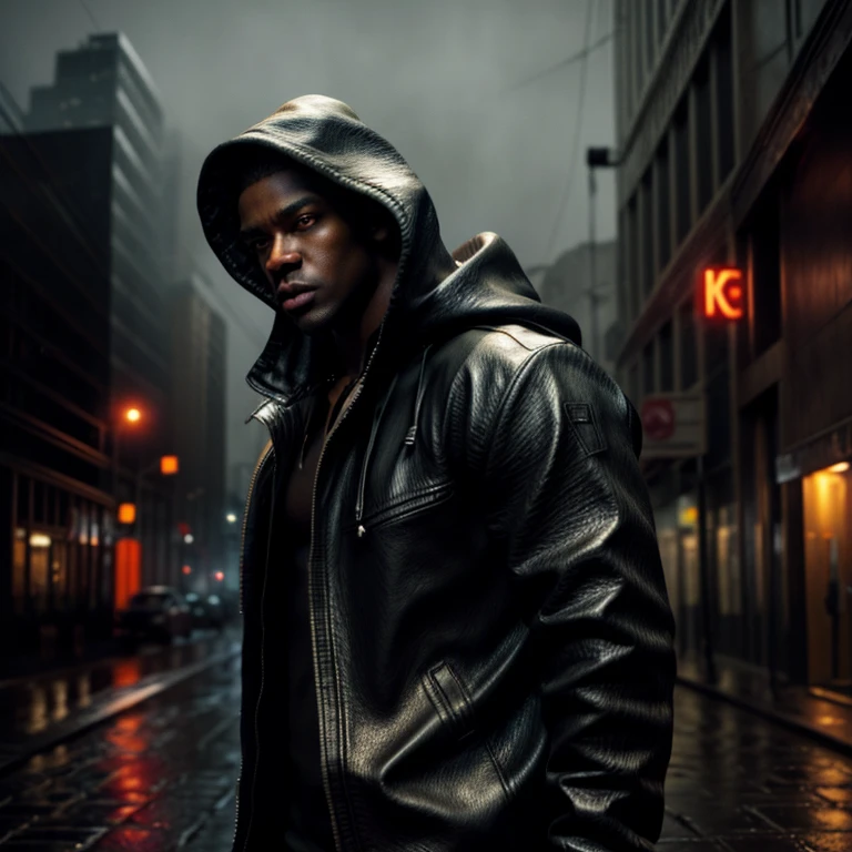 a strong and muscular black man wearing a black hood in a rainy city, (best quality, highres), dramatic lighting, urban landscape, wet streets, moody atmosphere, raindrops on the character's hood and face, reflections on the pavement, intense shadows, urban decay, cinematic, film noir style, dark and muted colors, dynamic pose, powerful physique