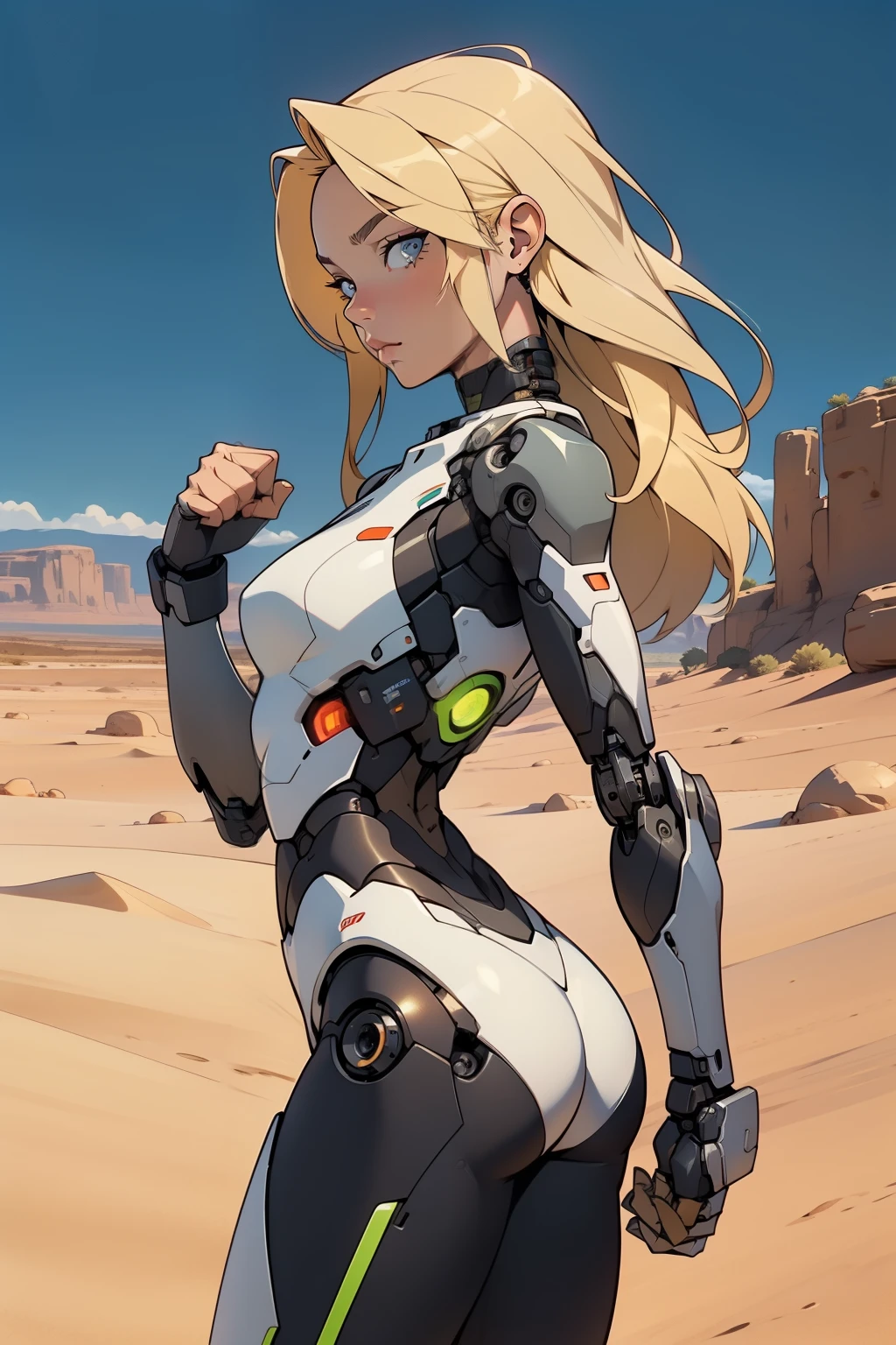 high quality, 4k, masterpiece, beautiful, cyborg girl, cowboy shot, dull eyes, back side, turning around to look at viewer, long blonde hair, girl, small breasts, fit thigh, robotic arms, robotic body, cyborg body, yellow accent, red accent, intricate detail, joint, detailed lines, robotic detail, holding fist up, holding hand up as fist, color robotic parts, robotic parts with color, perfect fingers, on a desert planet, sunny background, colorful desert, a river or a lake in the background